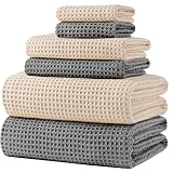 POLYTE 430 gsm Microfibre Quick Dry Lint Free Oversize Bath Towel Set, 6 Piece (Waffle Weave) Grey,light Beige