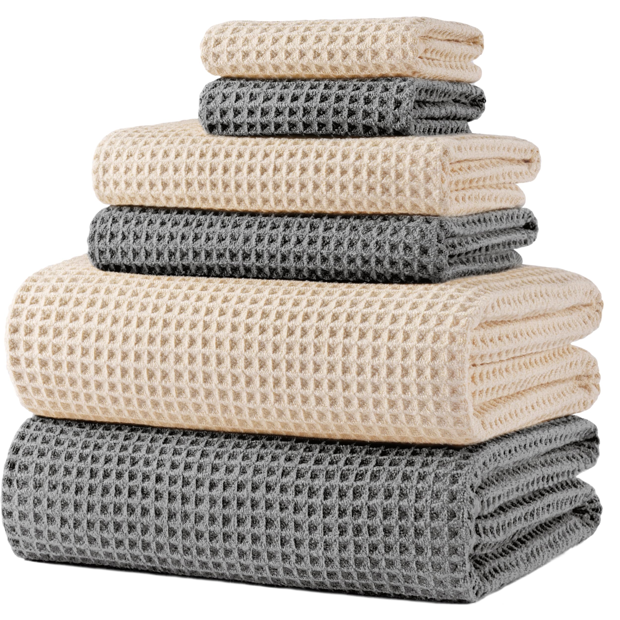 POLYTE 430 gsm Microfibre Quick Dry Lint Free Oversize Bath Towel Set, 6 Piece (Waffle Weave)