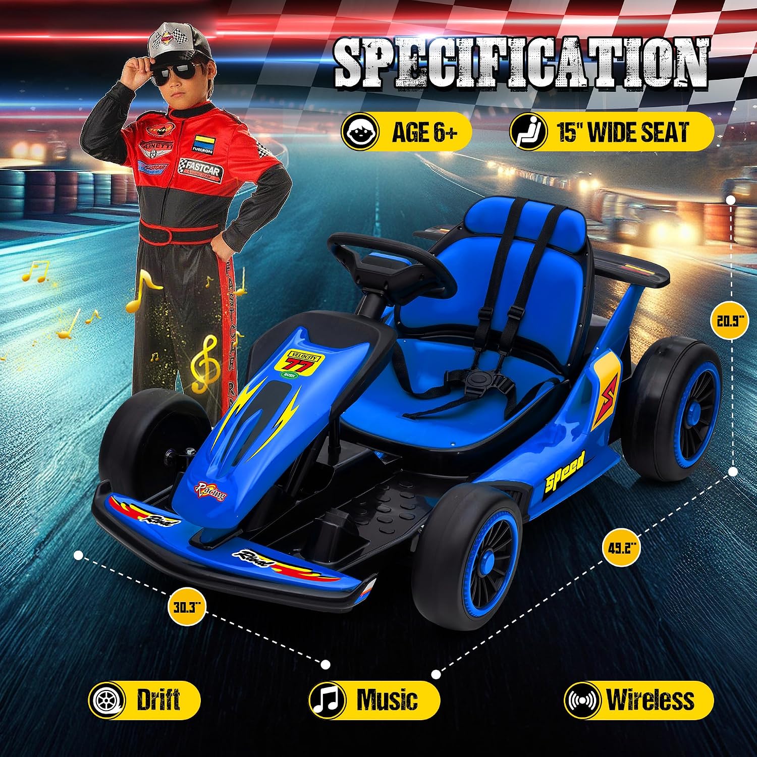24V Electric Go Kart, Drift Car Outdoor Ride on Toy with EVA Tires, 400W Motor, 8.1 MPH, Music, Wireless, Drift Mode and 2 Speed, Crazy Go Cart for Kids 6-12 Years Old (Blue)