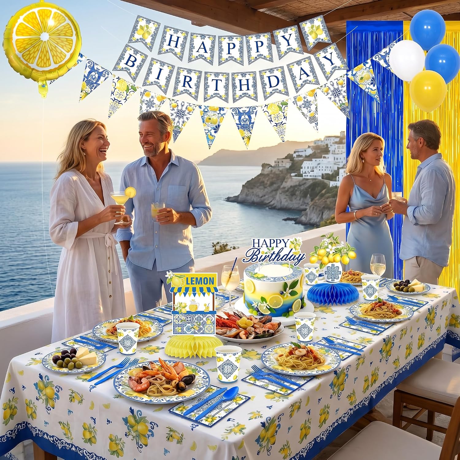 Amalfi Coast Party Decorations, Blue Tiles Lemonade Stand Supplies Summer Paper Plates Happy Birthday Banner Napkins Balloons Italian Tablecloth Cake Topper Streamers Lemon Decor Severs 20