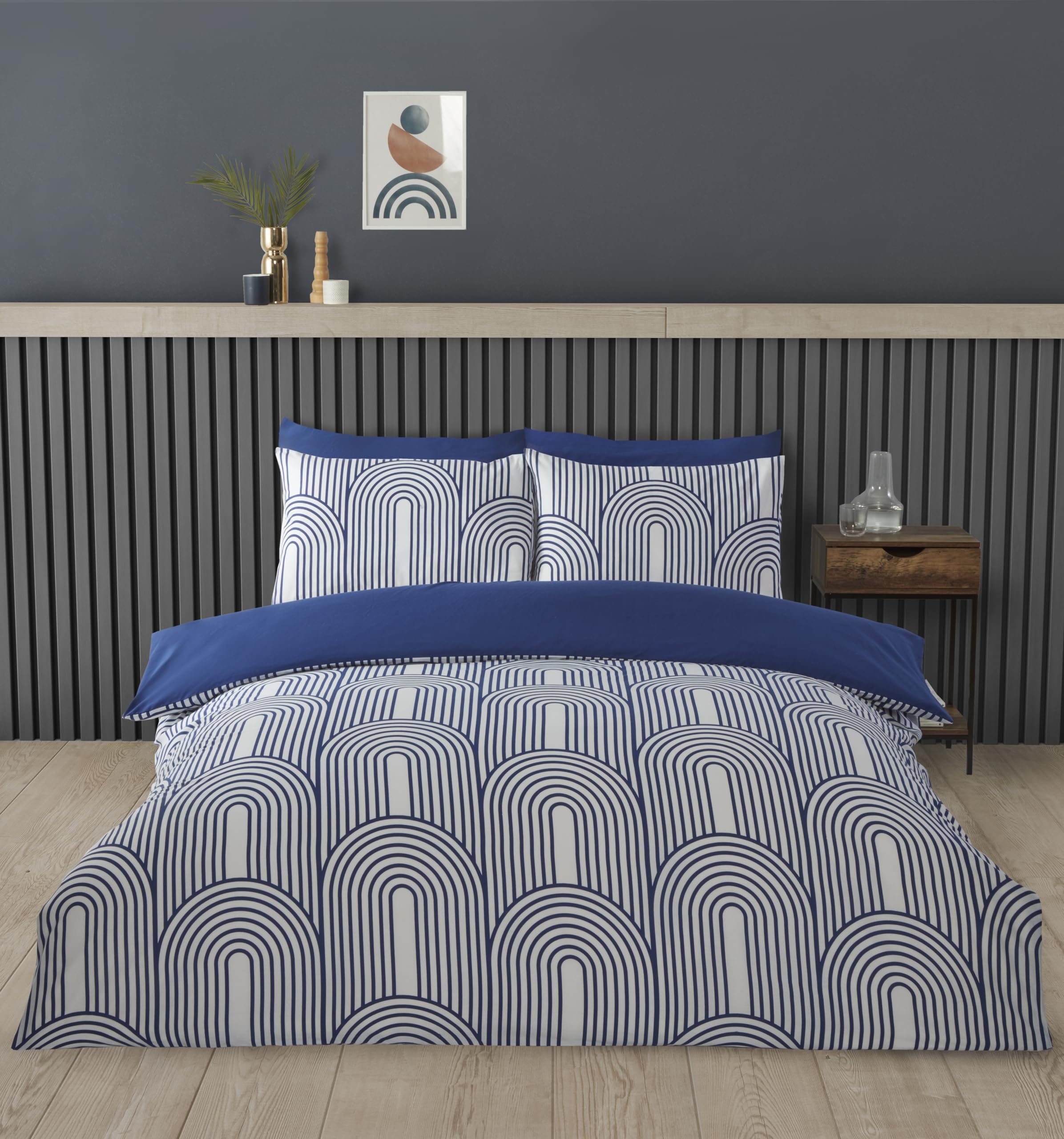 Rapport home Single Duvet Cover Set Premium Polycotton Arches Geometric Design Blue and White Minimalist 2PC Non-Iron Luxury Bedding Set with Snap Closure