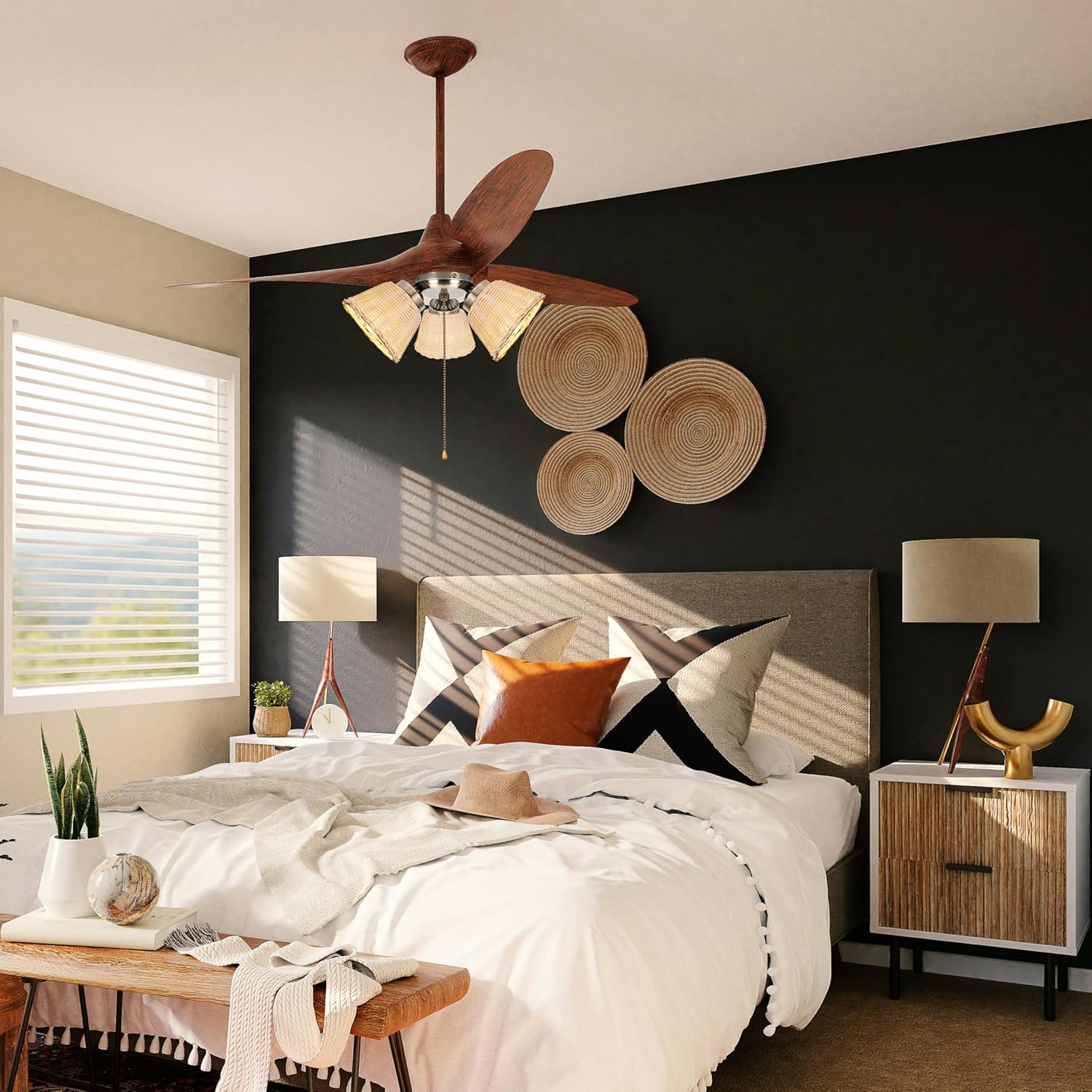 Kiven Antique Gold Ceiling Fan Light with Rattan Lampshade, 3-Light Ceiling Fan Light Switch & Socket Replacement Parts with Pull Chain Switch, E26 Socket XDD777