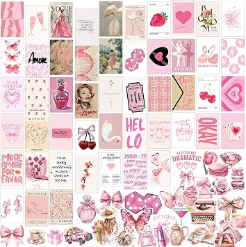 Fardes Coquette Room Decor Prints, 50pcs Cute Pictures for Pink Wall Decor, Coquette Wall Art, Poster Pack with Stickers for Teen Girls Bedroom Decor