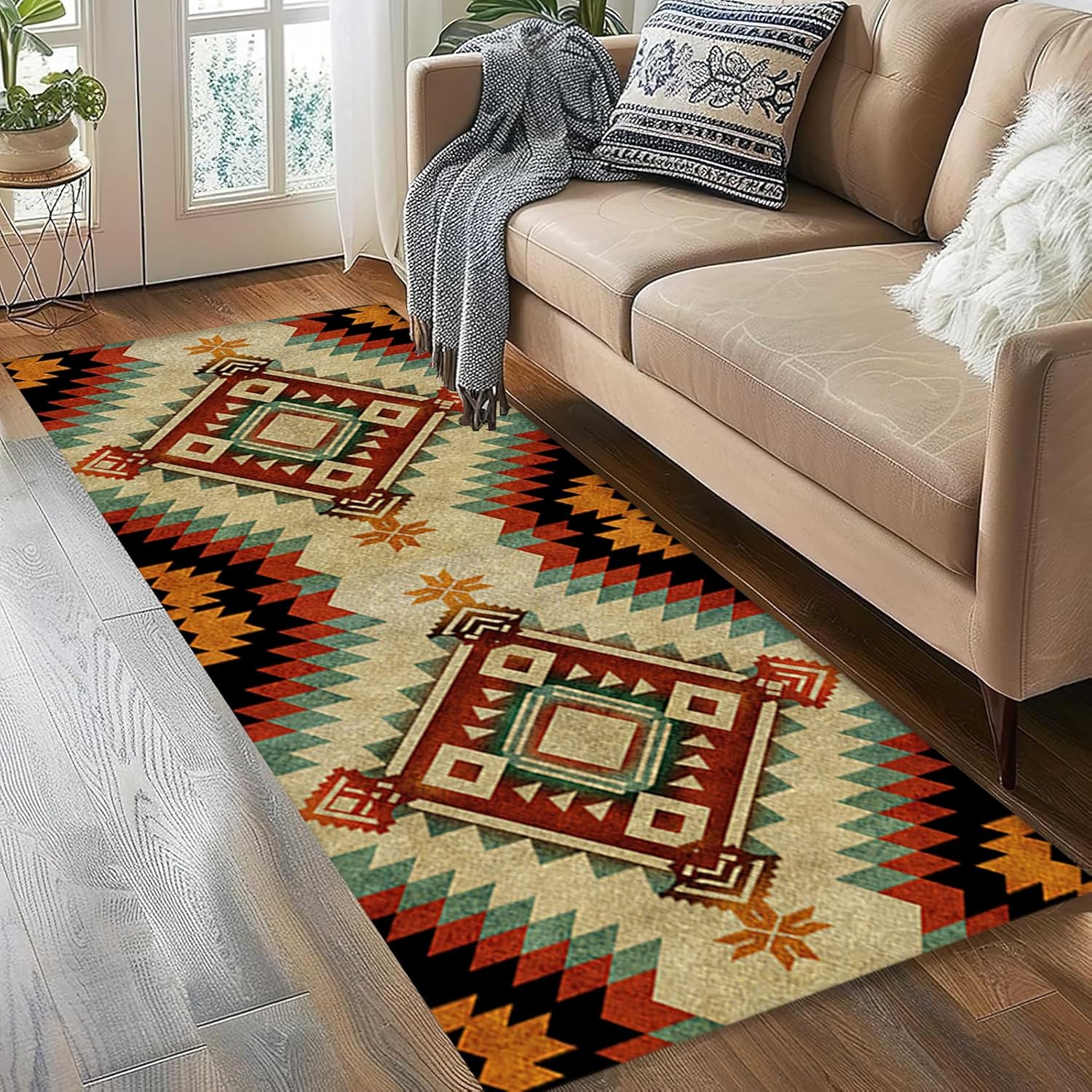 Aztec Mexican Runner Rug, 2x6ft, Rustic Southwest Native American Distressed Classic Multicolor Pattern Design Collection Area Rug, Fade Resistant Rugs for Kitchen Farmhouse