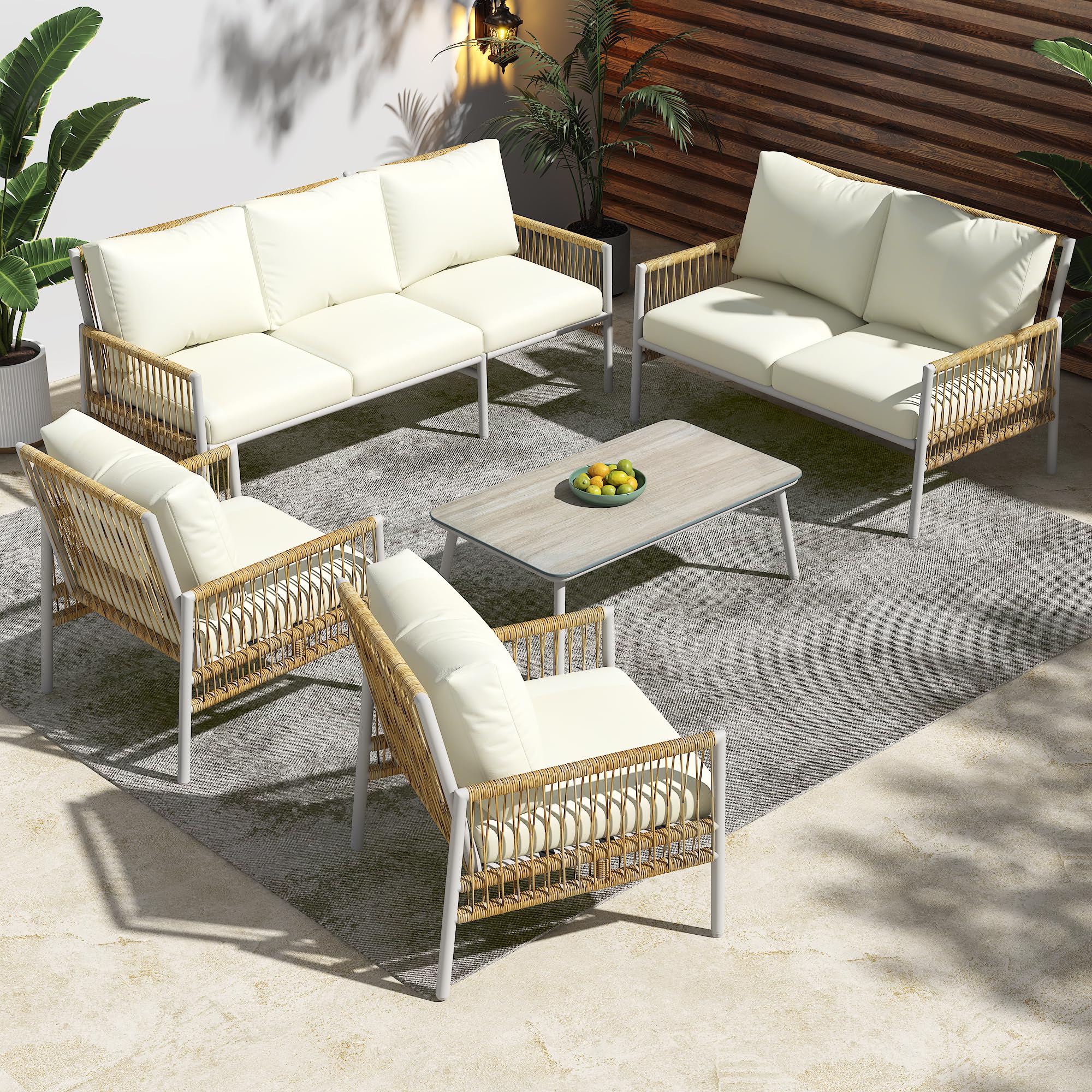 Juego de Muebles de Jardín de 7 Plazas, Muebles Jardin Exterior de Ratán PE, Conjunto Mesa y Sillas Jardin, Mesa y Sillas Terraza de Tubo de Acero Galvanizado, Cristal Templado, Beige
