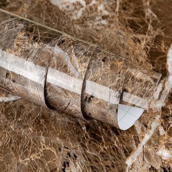 KASHIVAL Latest Brown Marble Contact Paper Vinyl Wrap Granite Wallpaper Peel and Stick Textured Marble Look Kitchen Waterproof Wall Sticker (Dark Brown AB)