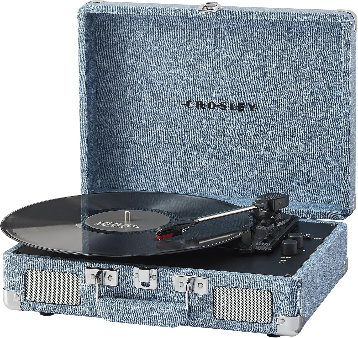 Crosley CR8005F-WD Cruiser Plus Vintage 3-Speed Bluetooth in/Out Suitcase Vinyl Record Player Turntable with Built-in Speakers, Washed Denim