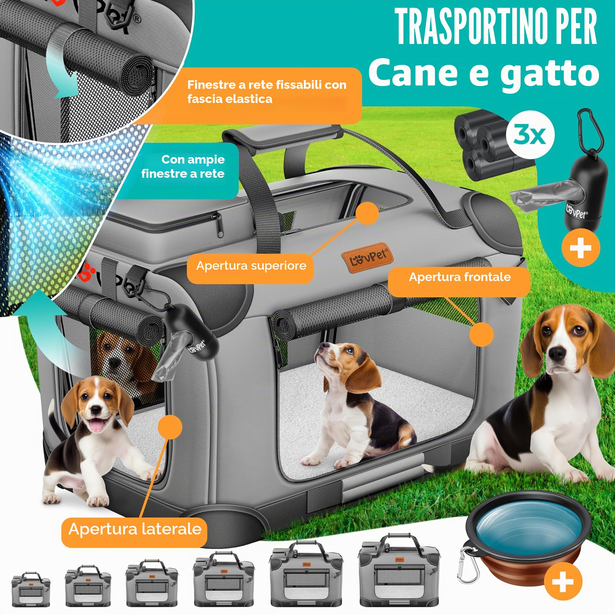 LOVPET® Trasportino per Cani - Box per Cani Pieghevole incl. Borsa per Il Trasporto e Ciotola - Cani e Gatti - casetta per Il Trasporto di Animali Domestici, Grigio chiaro, XXL