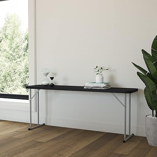 EMMA + OLIVER Mesa plegable rectangular de plástico de 6 pies, mesa plegable de plástico larga para eventos residenciales en interiores y Negro
