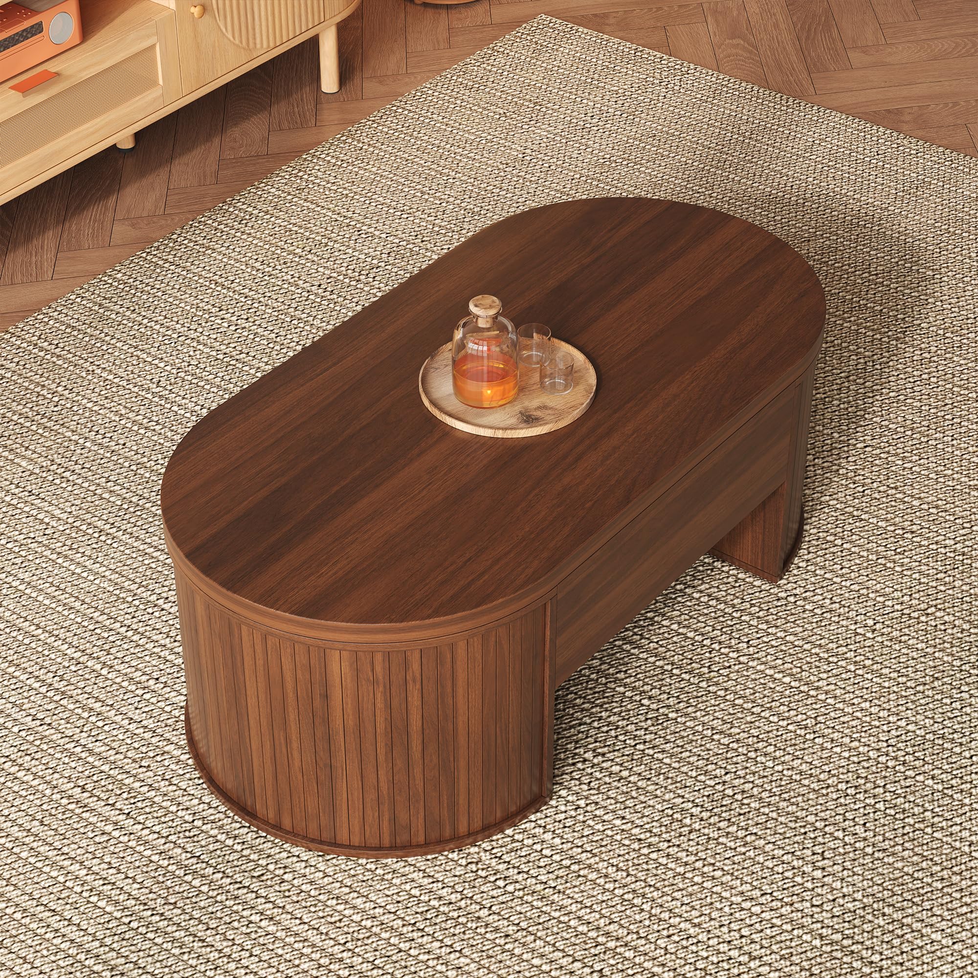 Merax Table basse élévable 110x55,5x40 cm, hauteur réglable avec côtés en bois incurvés, étagère extensible, meuble de salon multifonctionnel, espace de rangement pour collations, livres, électronique