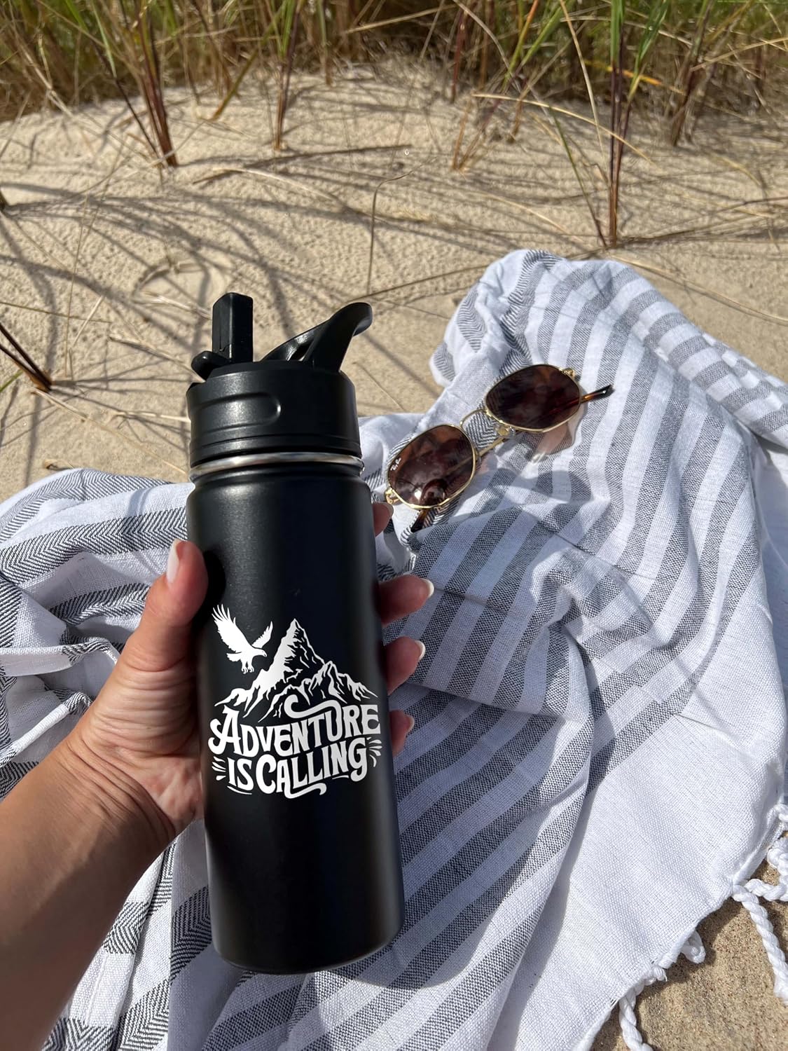 Adventure is Calling Personalized Stainless Steel Sports Hydro Water Bottle, Vacuum-insulated, 18 or 32 ounce Size, Keeps Liquids Pipping Hot or Icy Cold! (Straw or Mouthtop). Adventure Bottle.