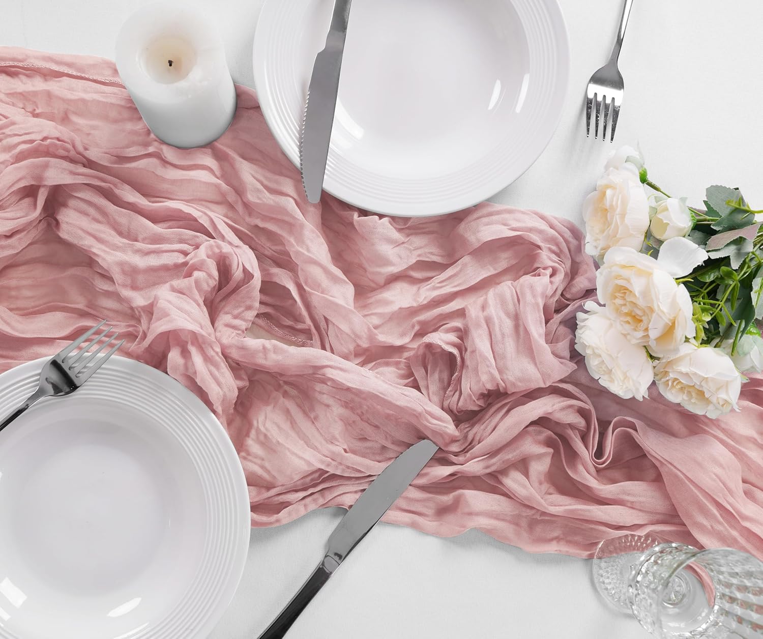 Bailarina 12 Pack Cheesecloth Table Runner 17x108 Inch Long Gauze Cheese Cloth 9ft Wrinkled Sheer Table Runner for Wedding Reception Birthday Party Table Decoration (Dusty Pink)