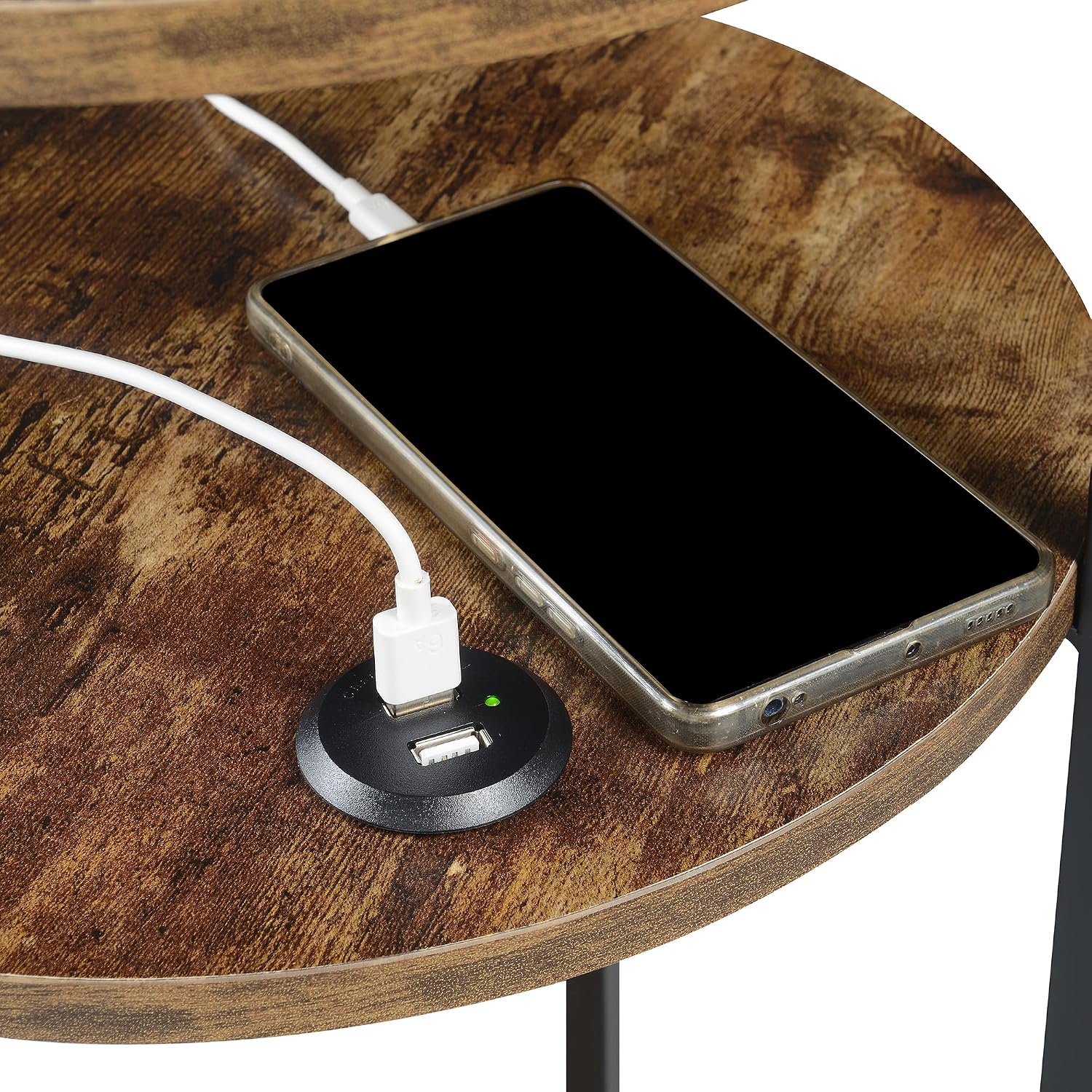 Convenience Concepts Simon End Table with USB Ports 15.75" – Modern 3-Tier Round Side Table with Storage Shelves for Family Room, Industrial Style Table with Charging Station, Barnwood/Black