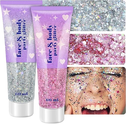 Gel holográfico con purpurina facial, 4.1 fl oz, maquillaje corporal brillante para cabello, cara, brazos, uñas, sombra de ojos, 2 frascos de larga