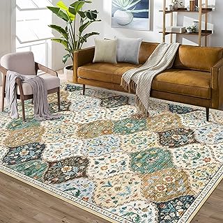 GarveeHome Floral Trellis 8x10 Rug Machine Washable Rugs Non Slip Non Shedding Vintage Rug Indoor Floor Carpet Low Pile Distressed Rugs for Living Room Bedroom Home Decor, Beige