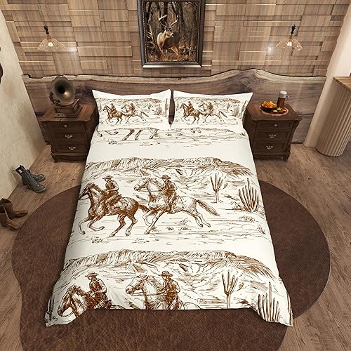 Erosebridal Juego de funda de edredón occidental, tamaño Queen, juego de ropa de cama de vaquero americano salvaje oeste, desierto dibujado a mano,
