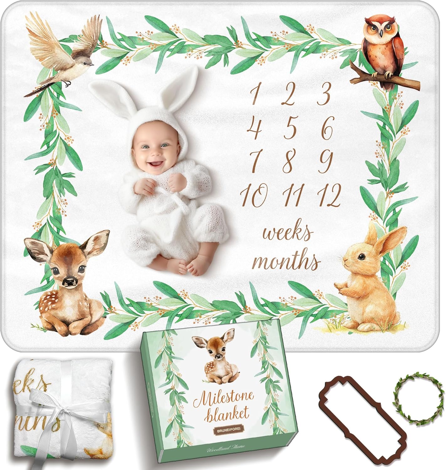 Baby Milestone Blanket Woodland, 50" x 40" Thick Soft Flannel, Gender Neutral, Includes 2 Custom Shaped Markers, Premium Gift Box, Ideal for Monthly Baby Photos and Keepsake Gift