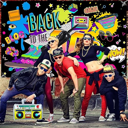 Miniatura 5 de Decoraciones de fiesta de los años 90, pancarta de regreso a los años 80 y 90, telón de fondo de hip hop con radio inflable, globos inflables para