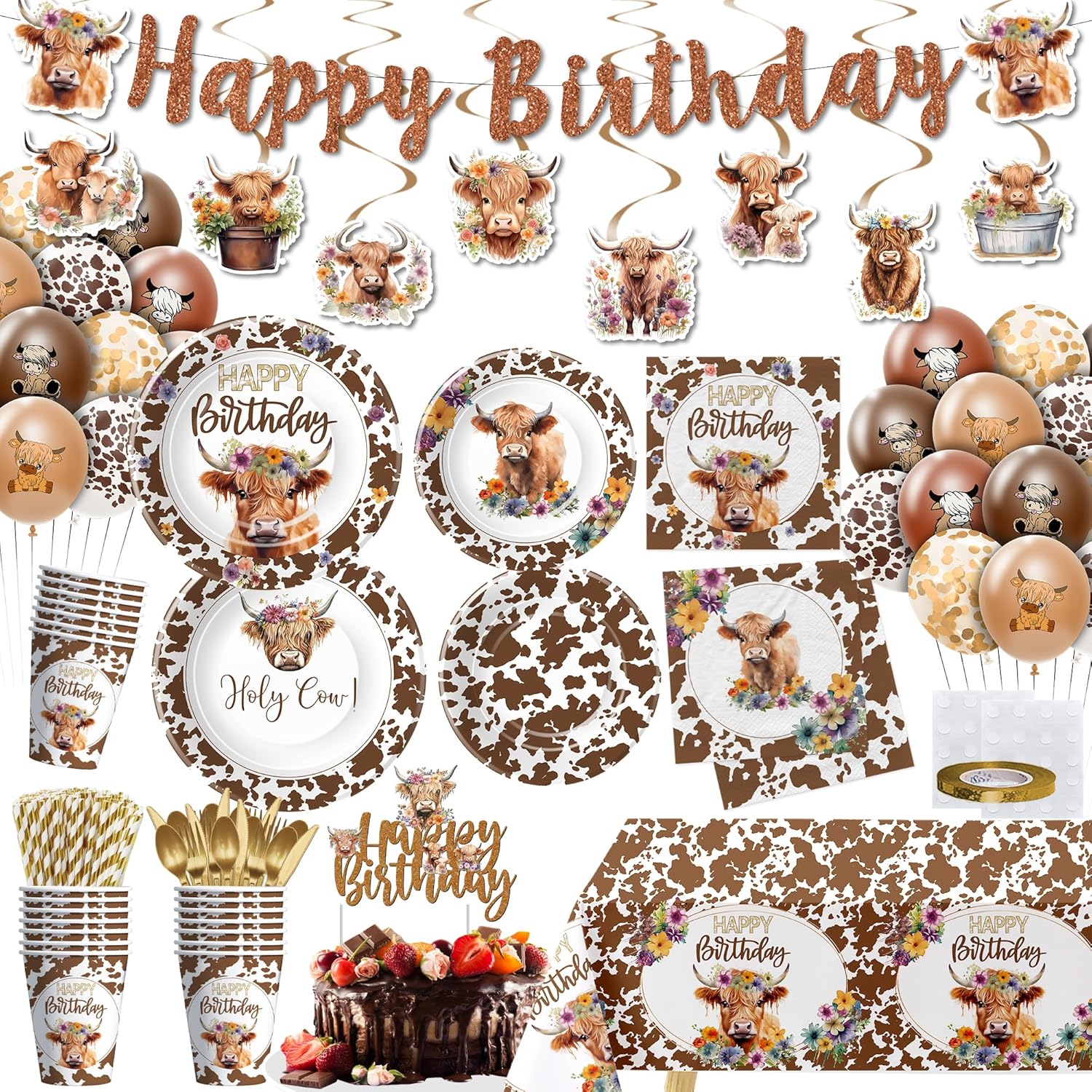 Highland Cow Birthday Decorations, Floral Boho Holy Cow Print Highland Theme Baby Shower Birthday Party Supplies, Plate, Napkin, Cup, Tablecloth, Balloon, Banner, Cutlery, Topper, Serves 24