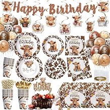 Highland Cow Birthday Decorations, Floral Boho Holy Cow Supplies | Highland Baby Shower Birthday Party Supplies, Holy Cow Plate, Napkin, Cup, Tablecloth, Balloon, Banner, Cutlery, Serves 24