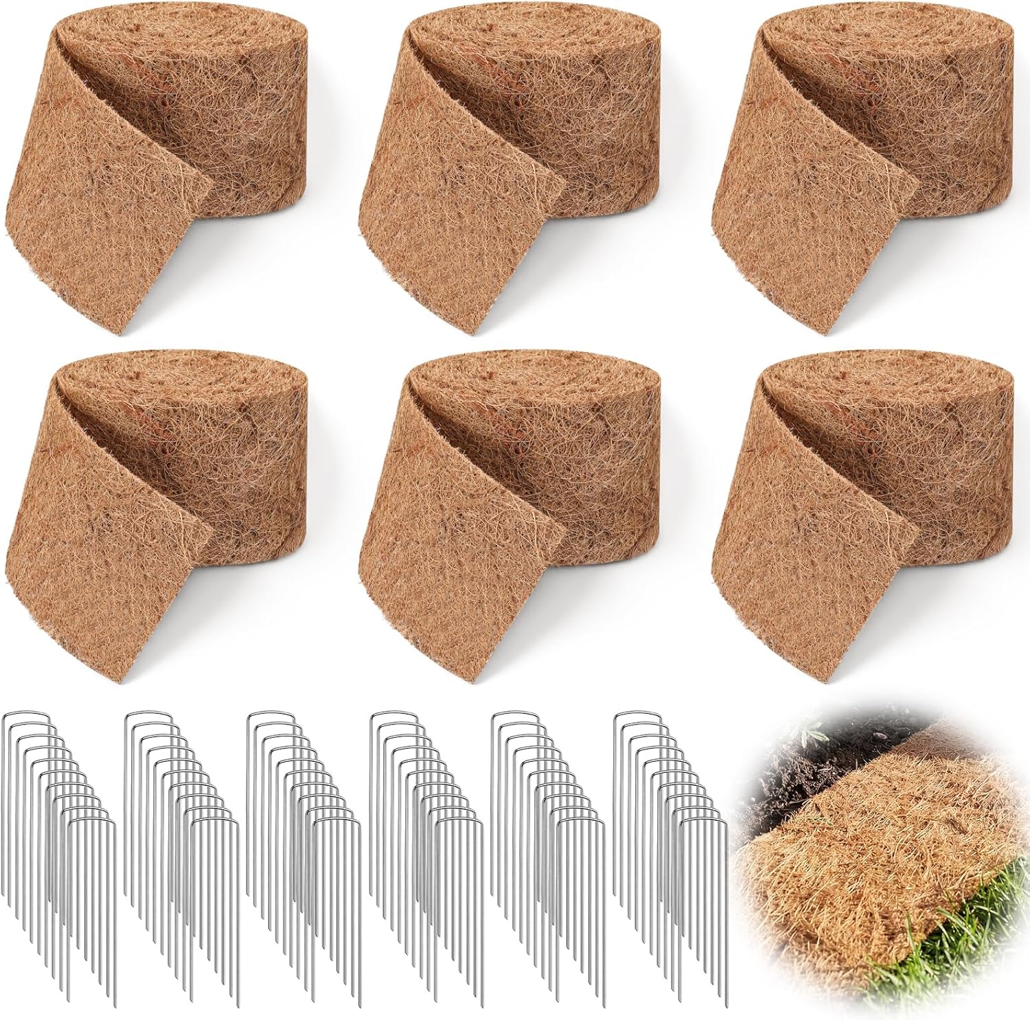 Tinideya 6 Pack Natural Mulch Roll for Landscaping 118 x 4.5'' Coconut Fiber Liner Mulch Mat with 60 U-Shaped Steel Stakes Thick Mulchs Roll Coco Liner for Planter Garden Vegetable Animal Pet Pad