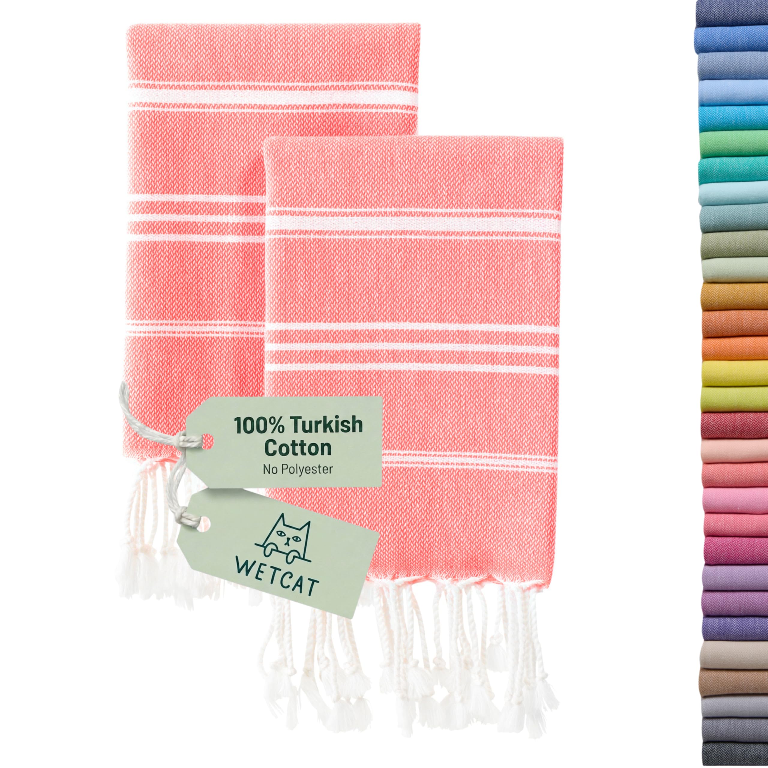 WETCAT Turkish Hand Towels with Hanging Loop, Set of 2 (20" x 30") 100% Turkish Cotton, Pre-Washed, Quick Drying, for Kitchen or Bathroom - Dark Coral