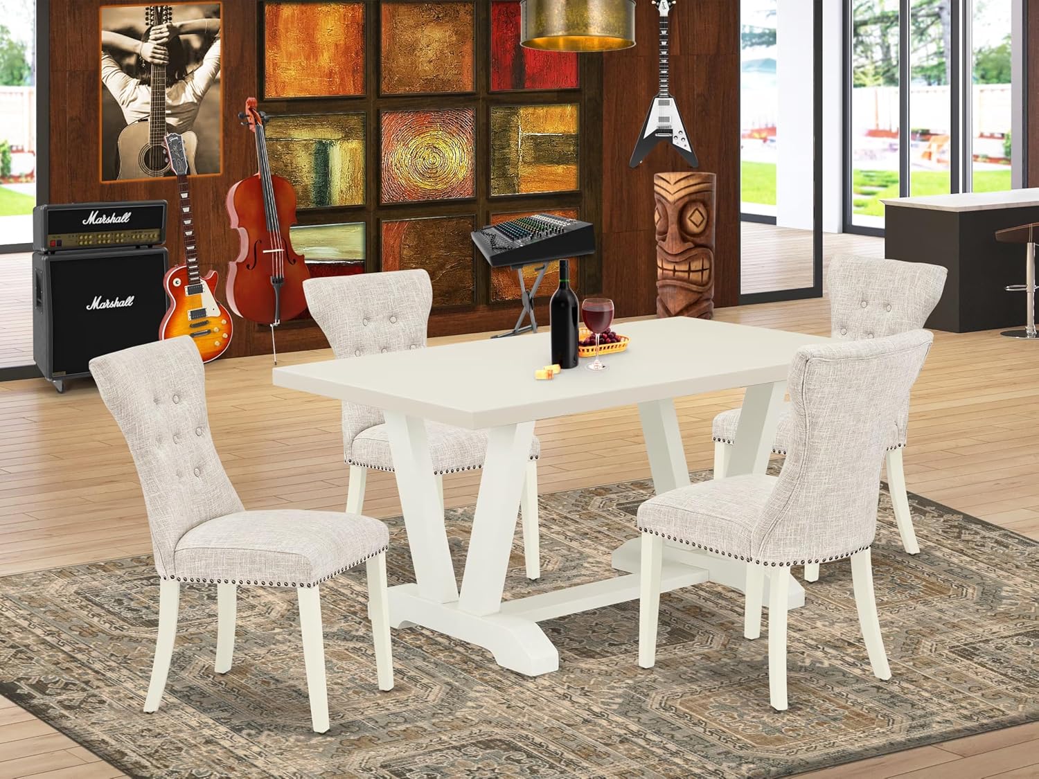 East West Furniture V026GA235-5 5 Piece Kitchen Table & Chairs Set Includes a Rectangle Dining Room Table with V-Legs and 4 Doeskin Linen Fabric Parsons Chairs, 36x60 Inch, Multi-Color