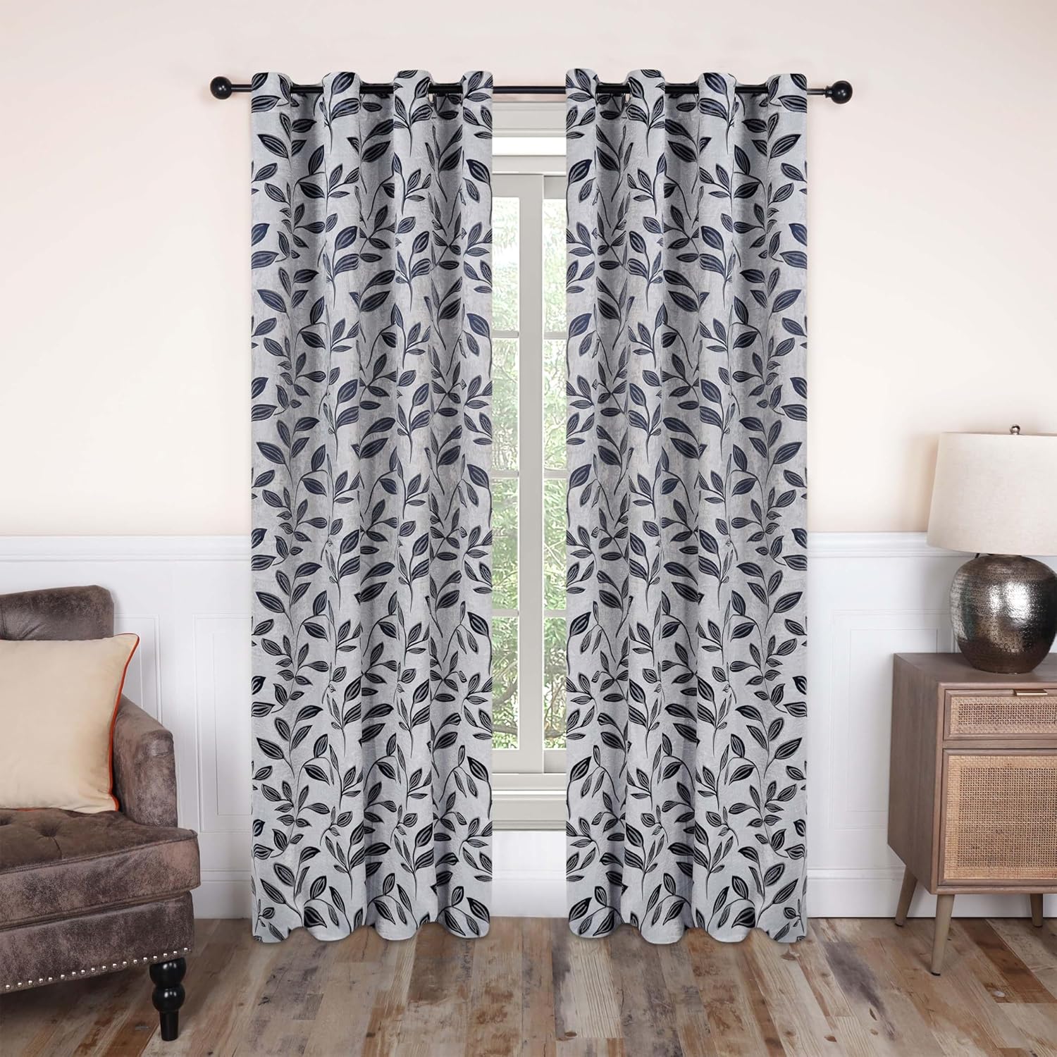 Superior Blackout Curtains, Room Darkening Window Accent for Bedroom, Sun Blocking, Thermal, Modern Bohemian Curtains, Leaves Collection, Set of 2 Panels, Grommet- 52 in x 72 in, White-Navy Blue