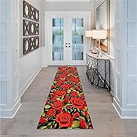 Vista 3 de Alfombra de pasillo con diseño floral de rosas, 2 x 10 pies, romántica con estampado de rosas rojas, alfombras de pasillo de gran área