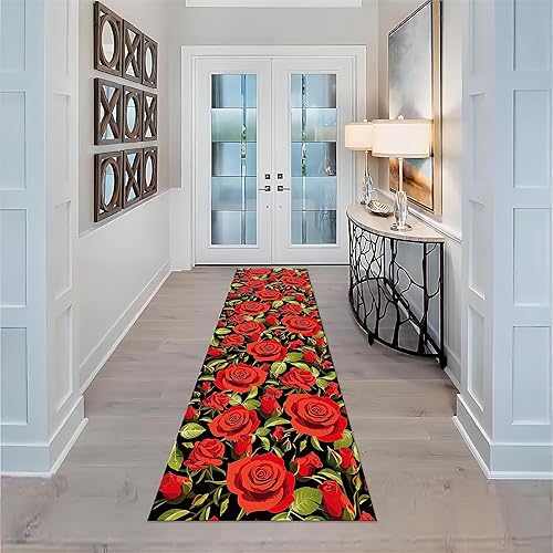 Miniatura 3 de Alfombra de pasillo con diseño floral de rosas, 2 x 10 pies, romántica con estampado de rosas rojas, alfombras de pasillo de gran área