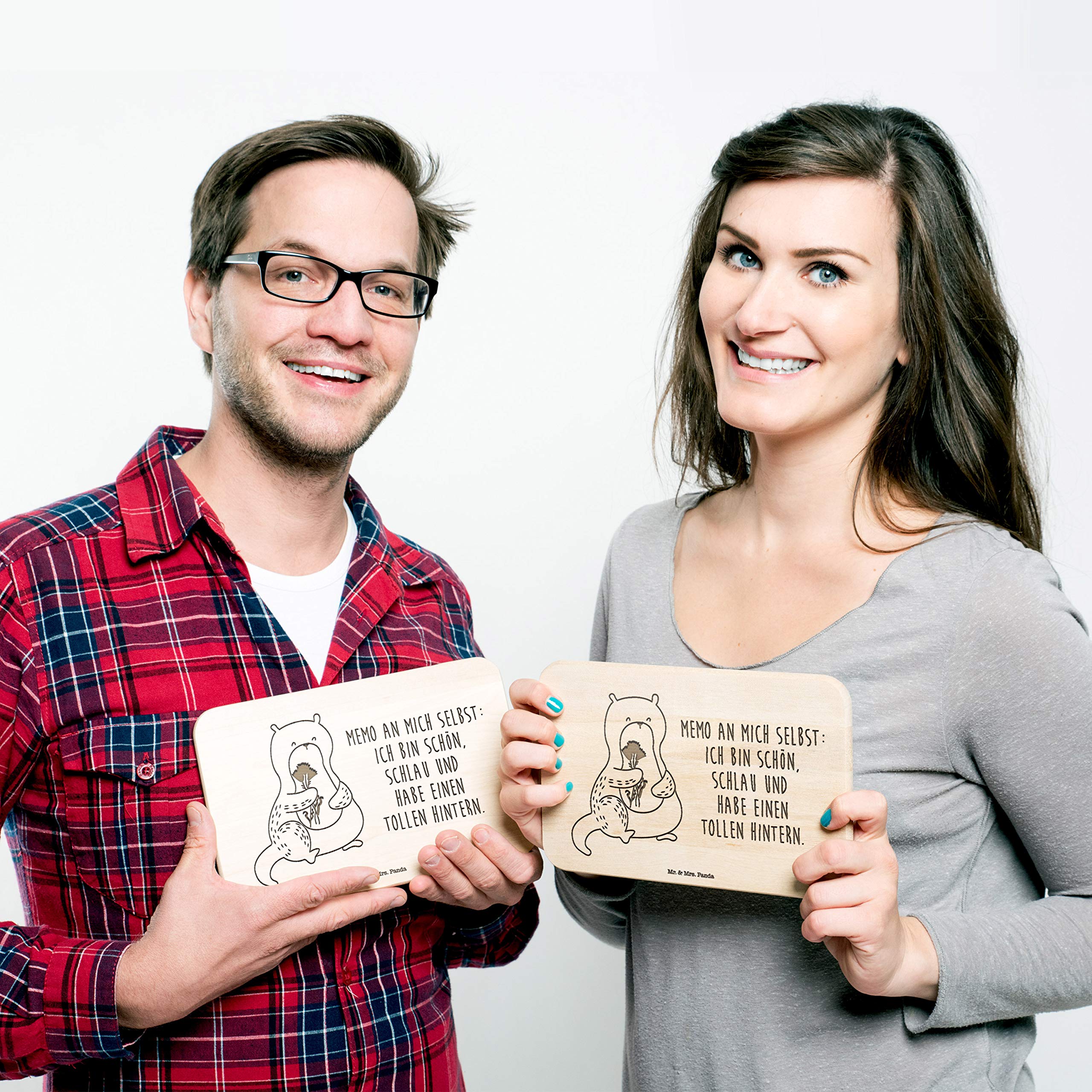 Mr. & Mrs. Panda Schneidebrett Mit Otter Herz Gravur – Bambusholz, 22,5x14,5x1 Cm, Perfektes Liebesgeschenk
