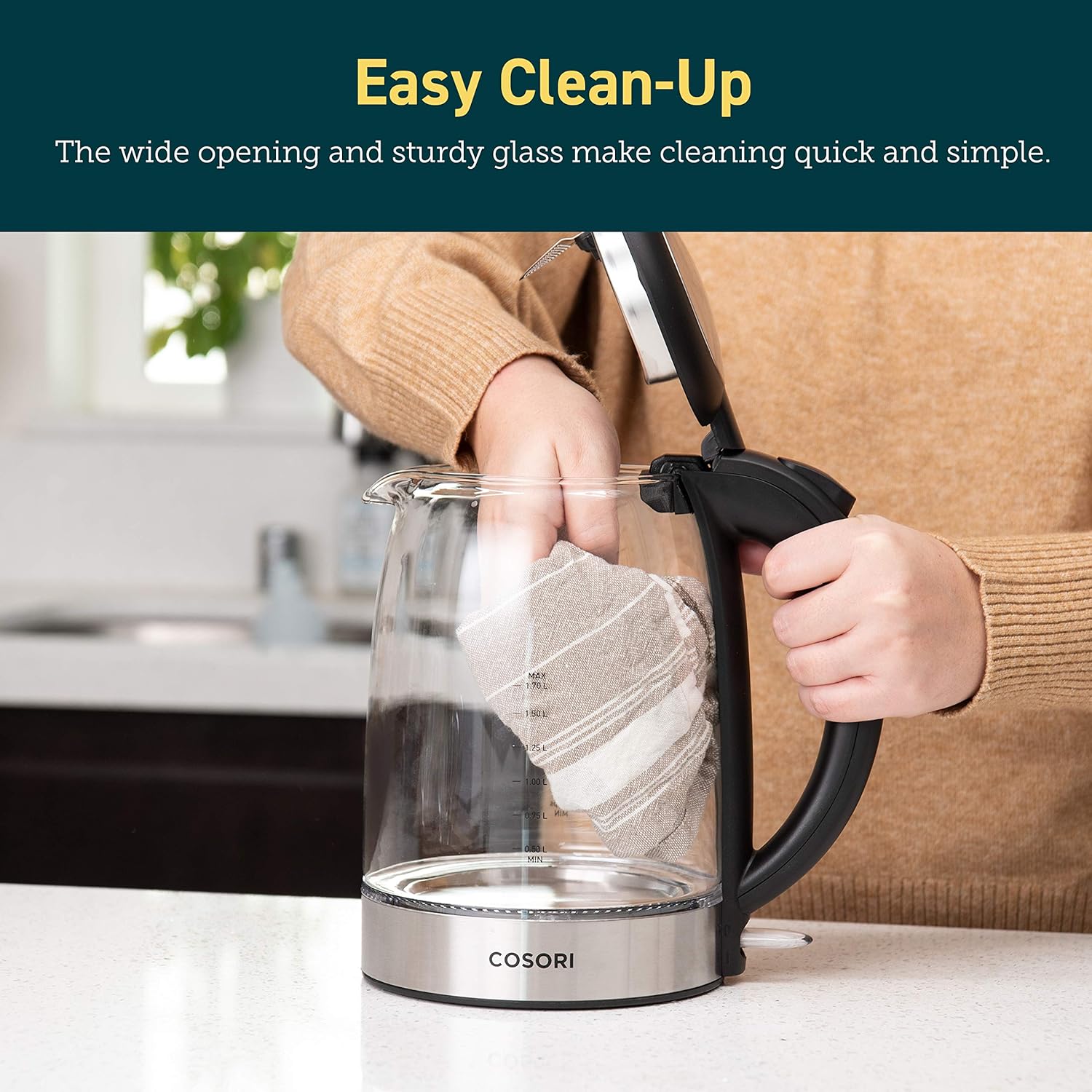 COSORI Electric Kettle with Upgraded Stainless Steel Filter and Inner Lid, Wide Opening Glass Tea Kettle & Hot Water Boiler, LED Indicator Auto Shut-Off & Boil-Dry Protection, BPA Free,1.7L, Black : Everything Else