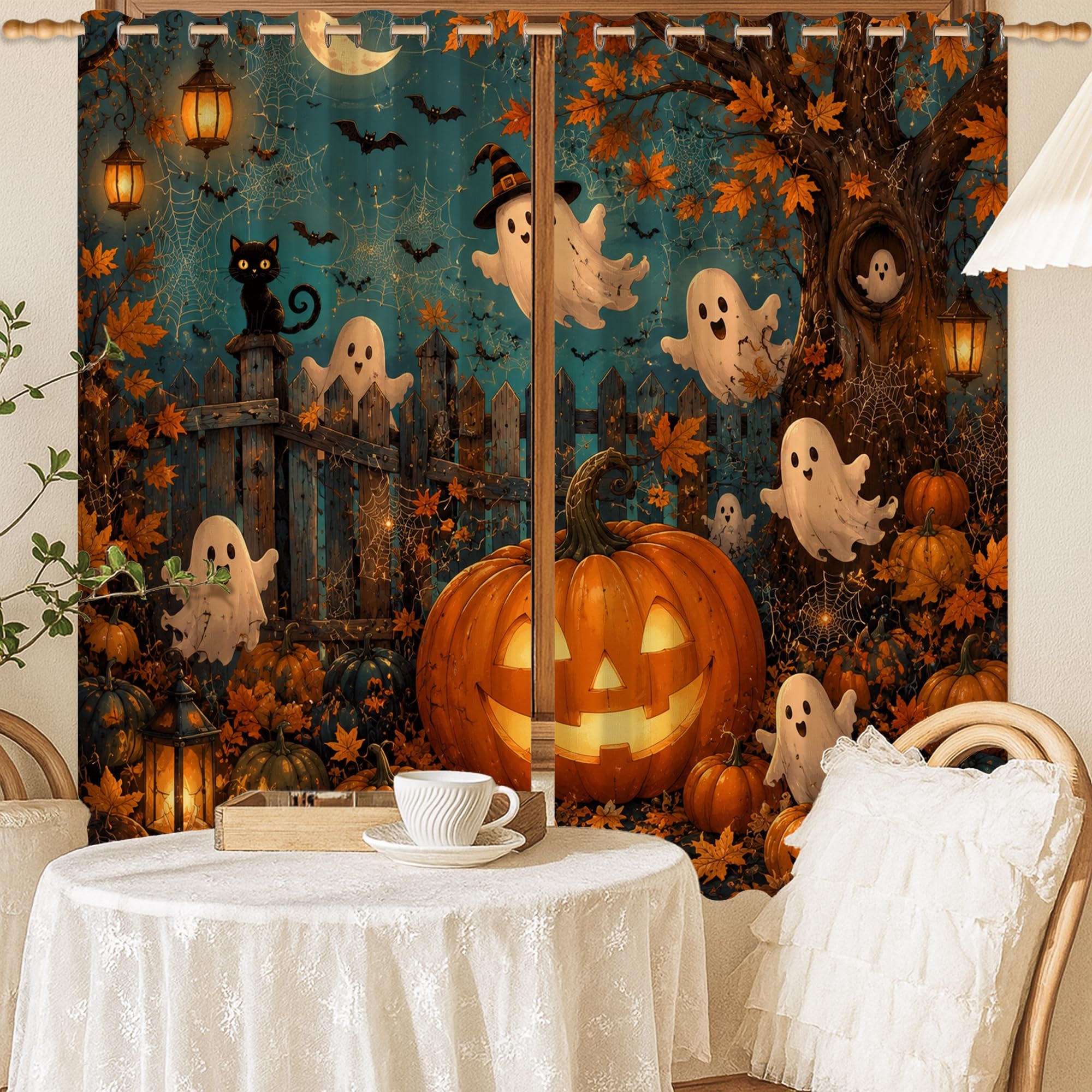 Rideaux occultants Halloween orange de 132x137 cm avec motif citrouilles pour salon