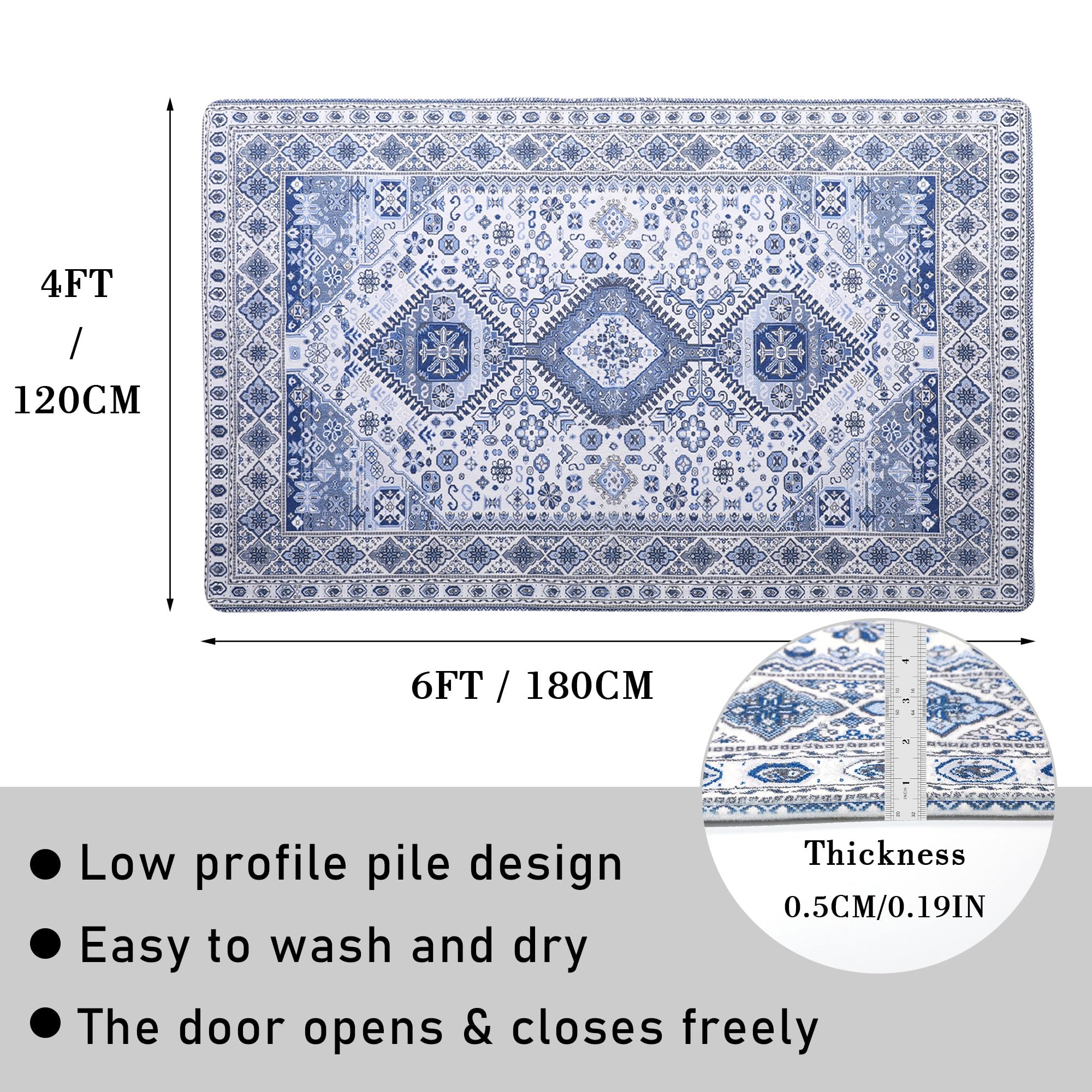 Alfombra persa antideslizante de 4 x 6 pies con estampado azul para interiores, lavable, de pelo bajo, plegable, alfombra de entrada interior, para dormitorio, sala de estar, comedor, sala de juegos
