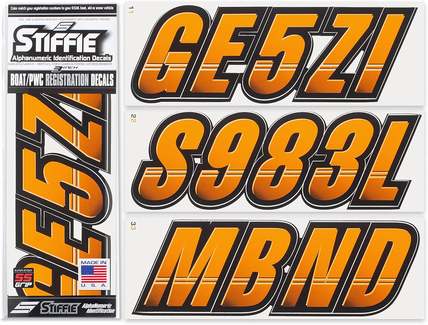 STIFFIE Techtron Orange Crush/Black 3” Super Sticky Boat & PWC Registration Decals • Numbers Letters Stickers