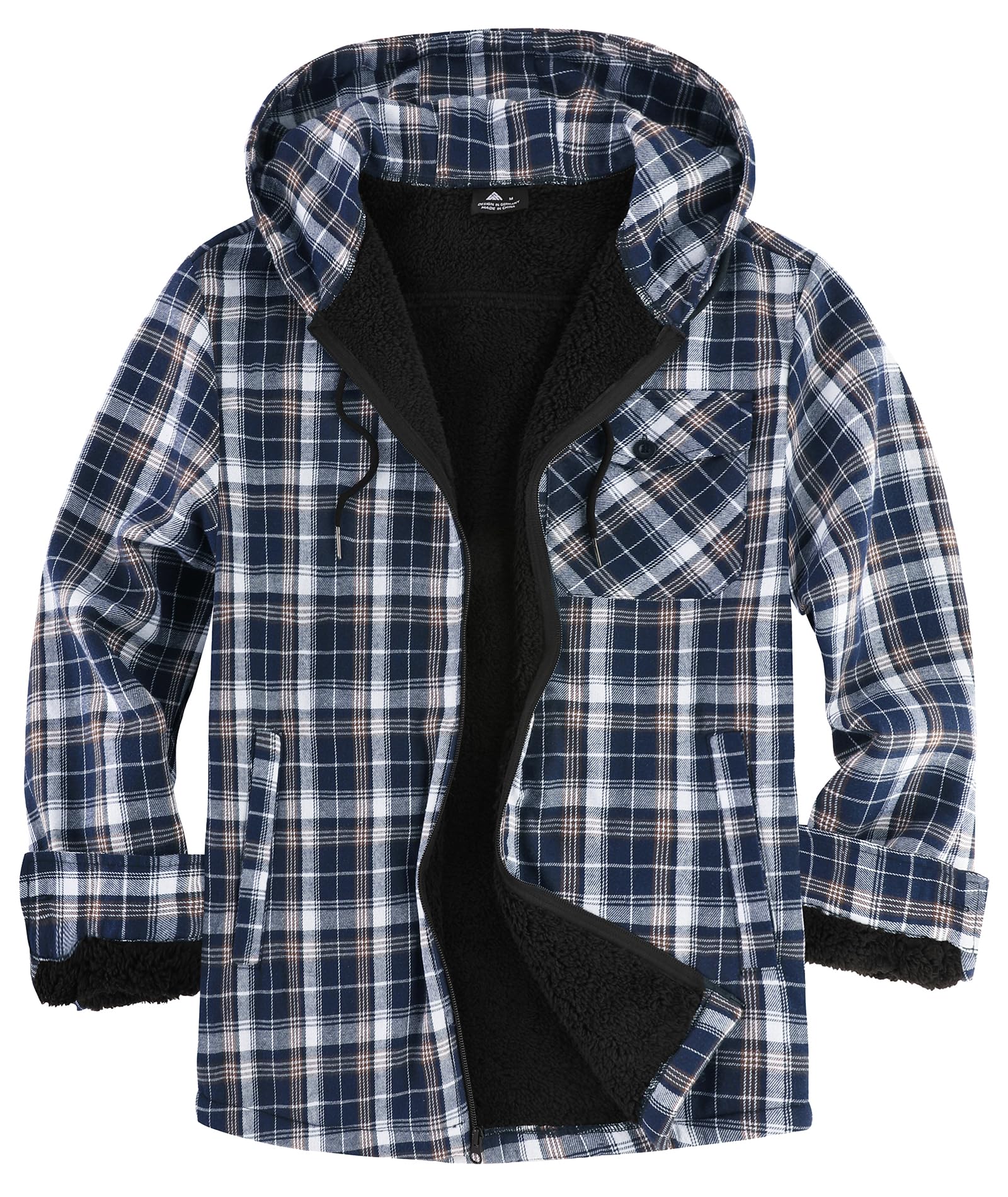 JACKETOWN Holzfällerjacke Herren Gefüttert Hemdjacke Herren mit Kapuze Kariertes Jacke Männer Reißverschluss Flanelljacke Sherpa Jacke Trekking Winterjacke Thermohemd Outdoor
