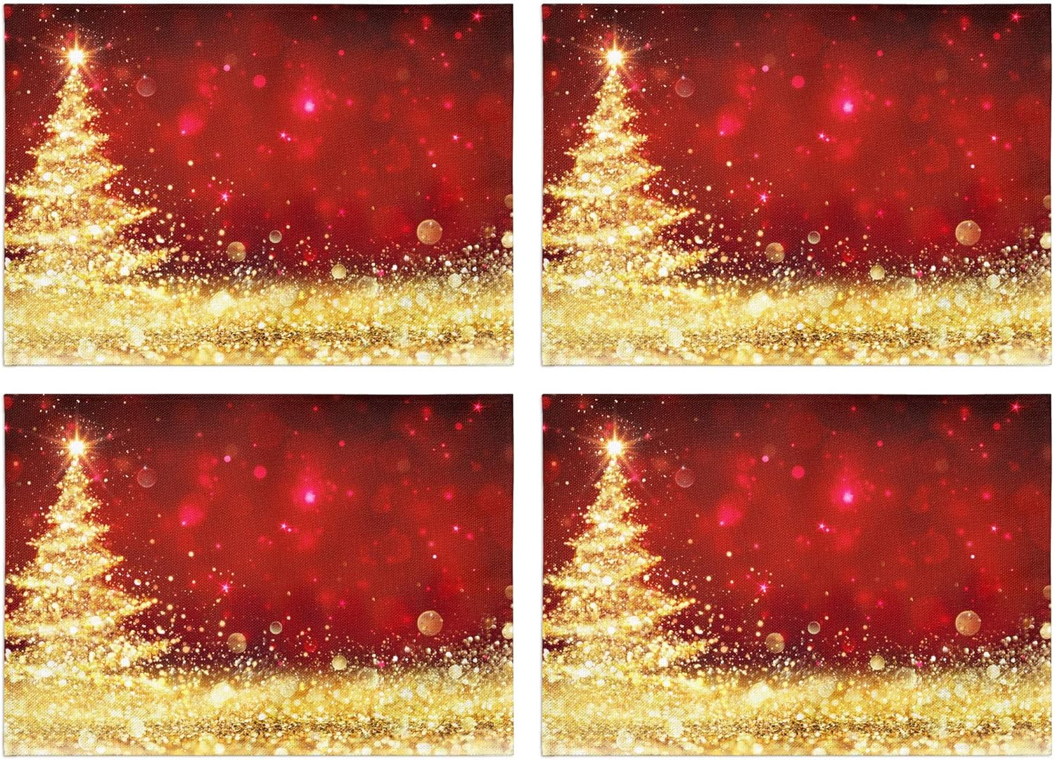 Placemats Glitter Red Gold Christmas Tree for Dining Table Set of 4 Heat Resistant 12 x 18 Inch Durable PVC Place Mats Non-Slip Washable for Home Kitchen Restaurant Decoration