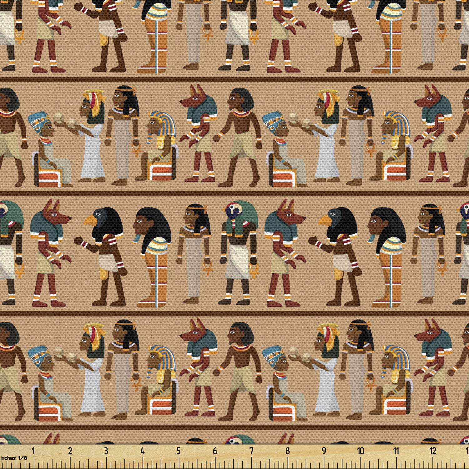 Ambesonne Egyptian Print Fabric by The Yard, Egyptology Mythological Cartoon Characters Archeology History Illustration, Decorative Fabric for Upholstery and Home Accents, 3 Yards, Peach Beige