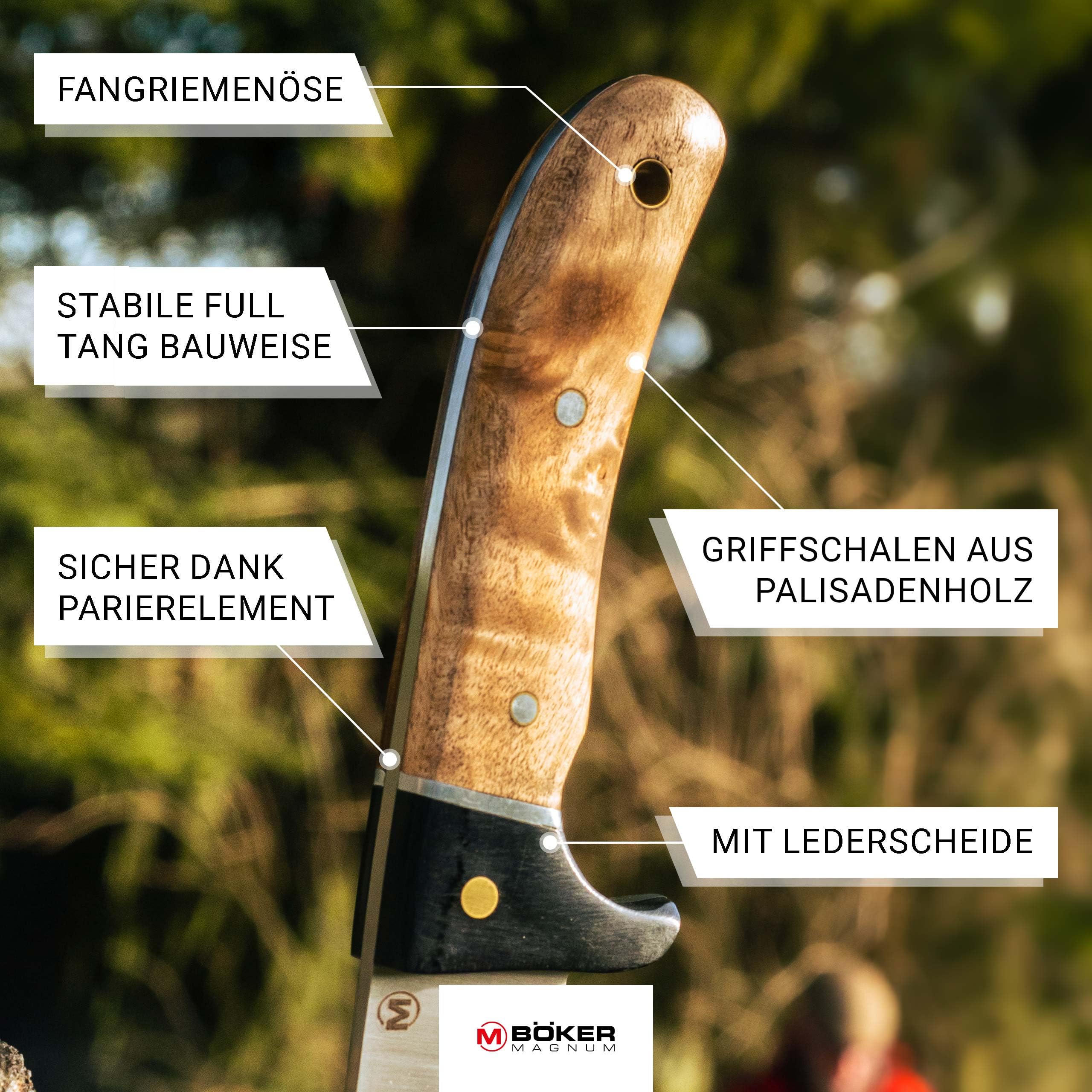 BÖKER MAGNUM® Elk Hunter scharfes Fahrtenmesser - feststehendes Messer mit Parierelement - robustes Jagdmesser mit Leder-Scheide