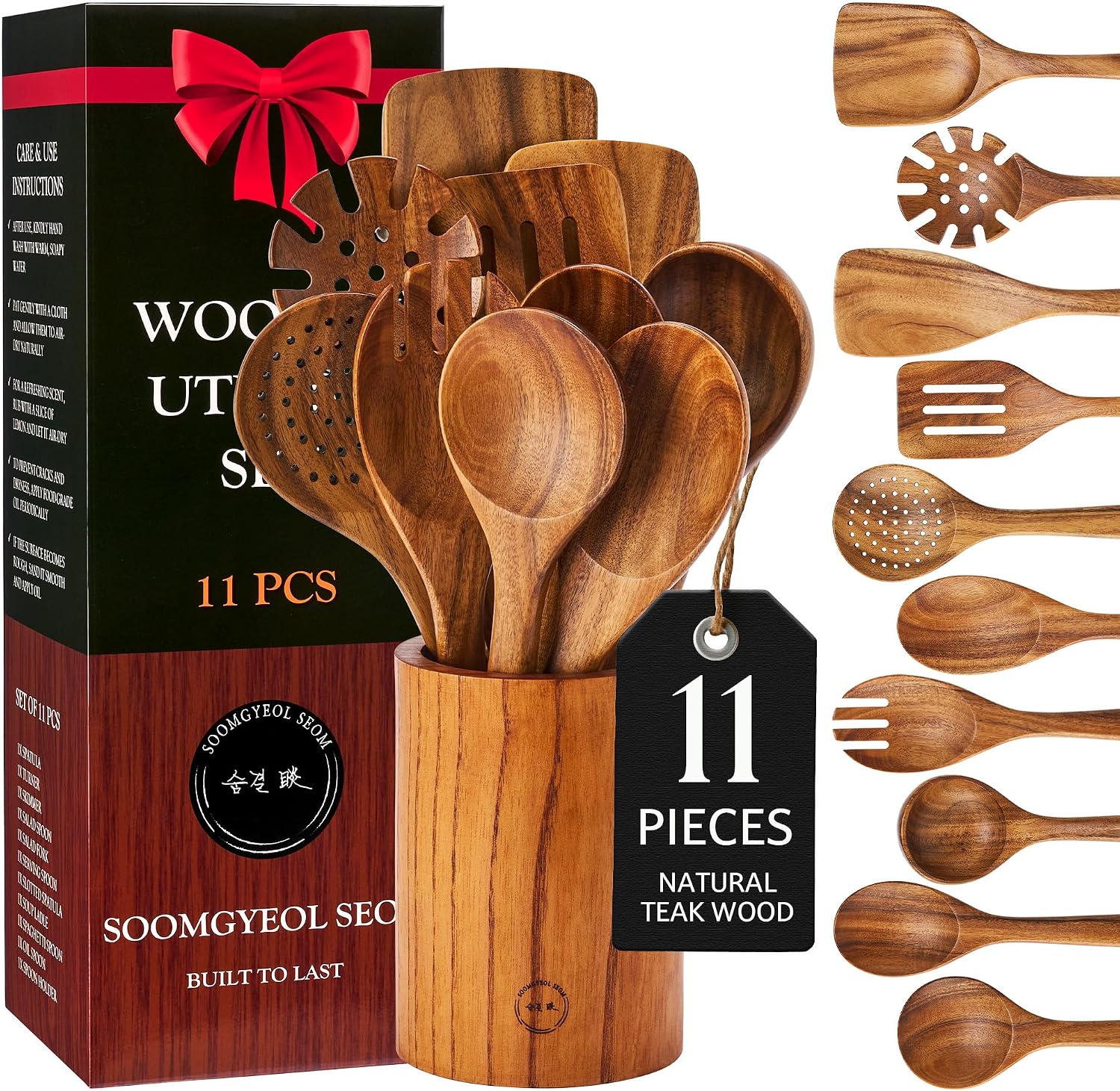 SOOMGYEOL SEOM 11-Piece Teak Wooden Cooking Utensil Set with Holder