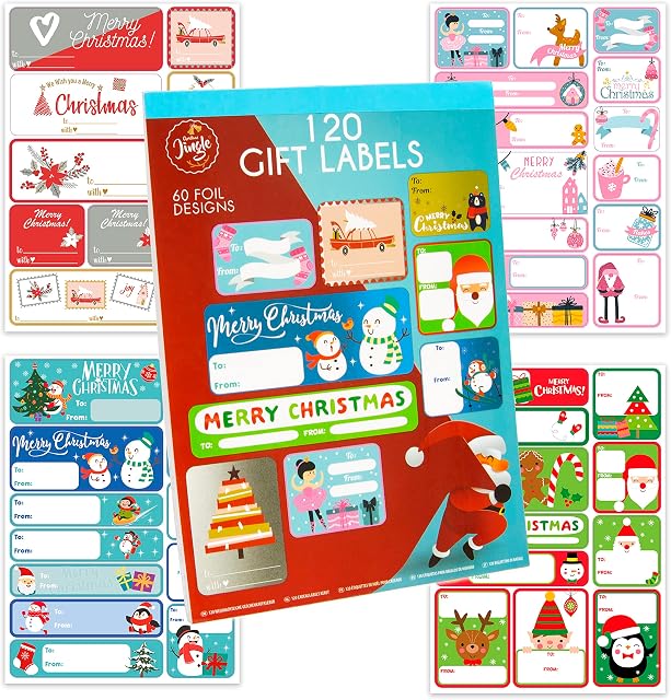 Christmas Jingle 120 Christmas Gift Labels - Christmas Gift Tags - Christmas Gift Sticker Labels - Merry Christmas Stickers - with 120 Different Designs Including 60 Foil Designs