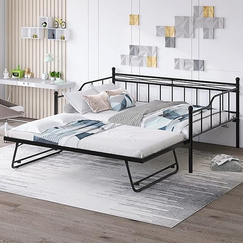 Miniatura 4 de Woanke Sofá cama de metal de tamaño matrimonial con nido ajustable de tamaño individual marco de cama de acero metálico con 4 ruedas nido plegable