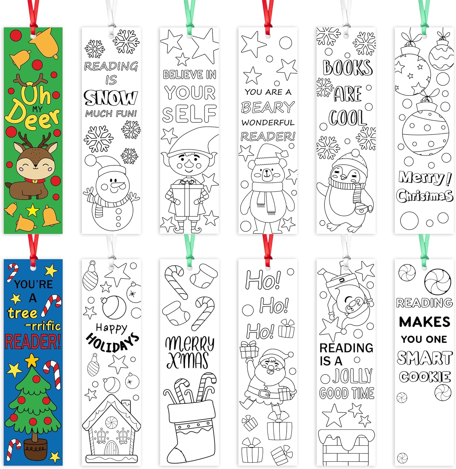 ANGOLIO 75Pcs DIY Christmas Bookmarks Coloring Activity Kit - Blank Bookmark Cards for Kids Holiday Crafts, Party Favors, Classroom Prizes Goodie Bag Fillers