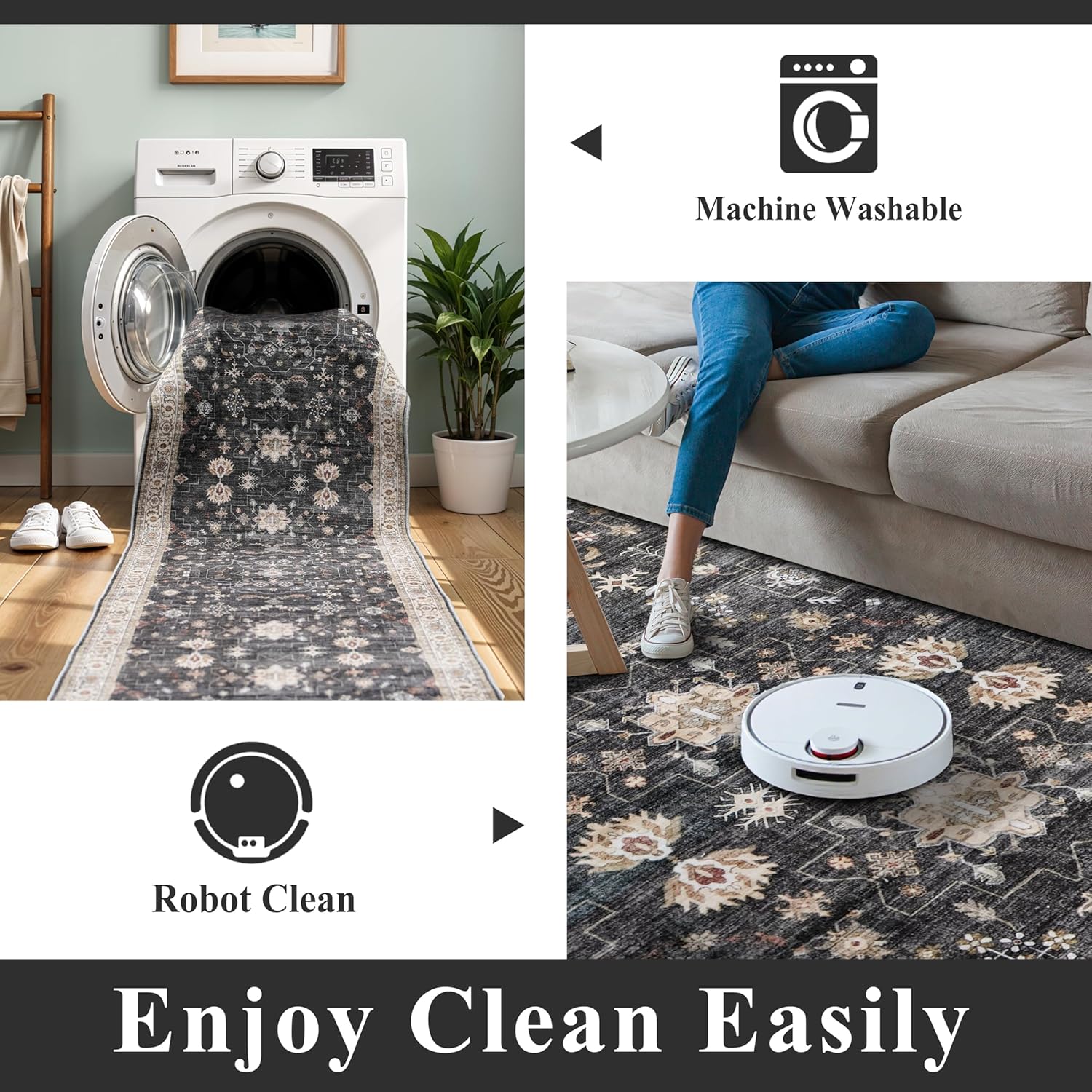 Washable 4x12ft Wide Hallway Runners - Non-Slip Vintage Kitchen Rugs with Rubber Backing Farmhouse Distressed Carpet for Dining Room Soft Thin Floor Mat for Living Room Bedroom (Black/Multi,4x12)