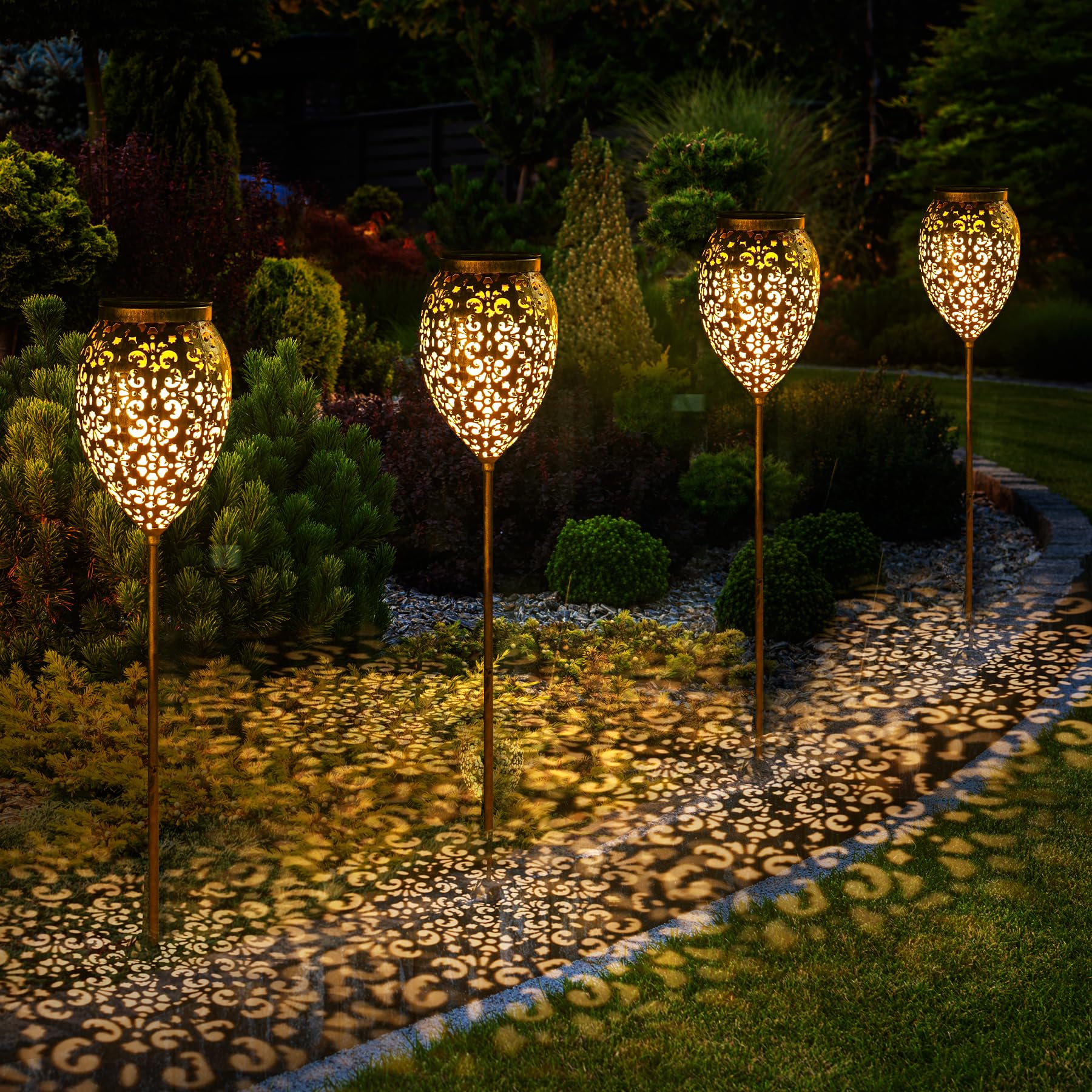 JOYCREATOR Solarlampen für Außen Garten 4 Stück, Orientalische Garten Solarleuchten für Außen Metall IP65 Wasserdicht, LED Gartenleuchten Solar Bronze 52/69 cm mit Erdspieß für Balkon Terrasse