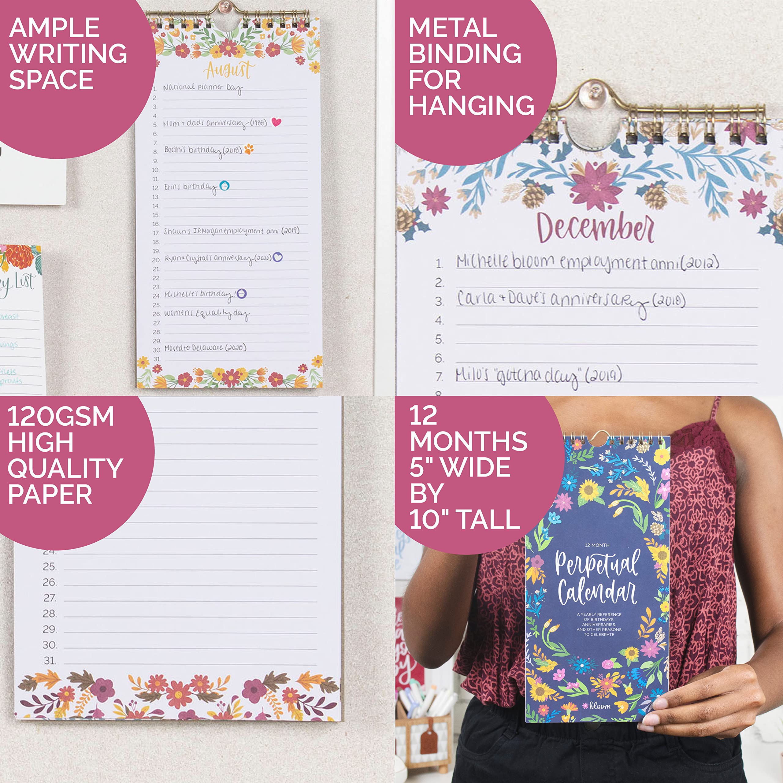 bloom daily planners Perpetual Hanging Flip Calendar - 5" x 10" - Monthly Wall Organizer Notepad for Important Dates, Birthdays, Anniversaries - Seasonal Florals - Image 3