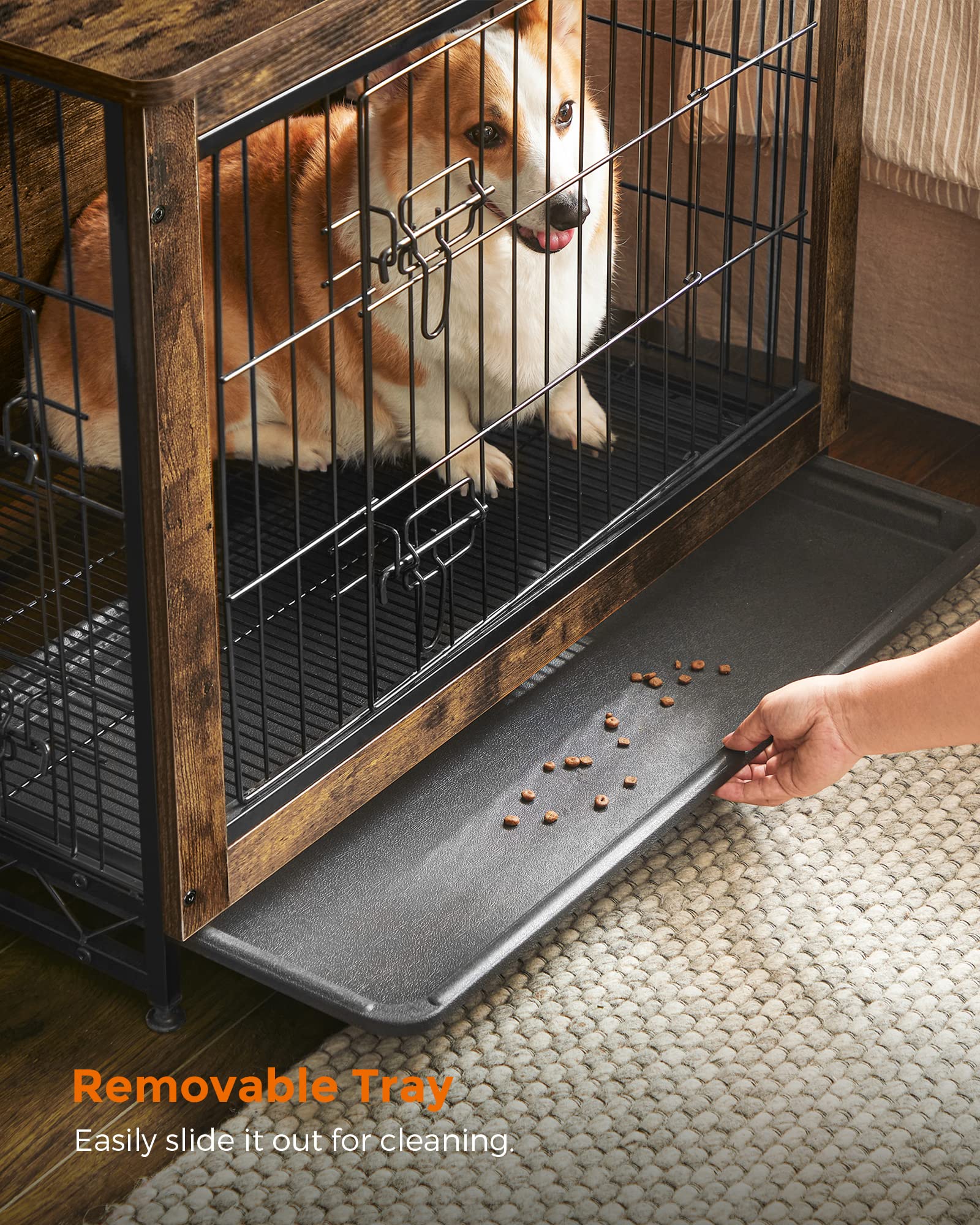 FEANDREA Dog Crate Furniture, Side End Table, Modern Kennel for Dogs Indoor up to 45 lb, Heavy-Duty Dog Cage with Multi-Purpose Removable Tray, Double-Door Dog House, Rustic Brown UPFC002X01