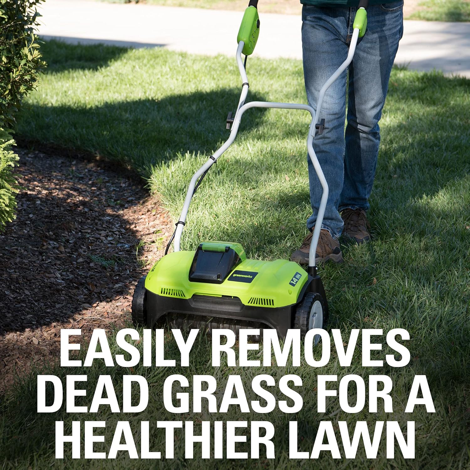 Hands on the dethatcher handle, showing the easy push button start