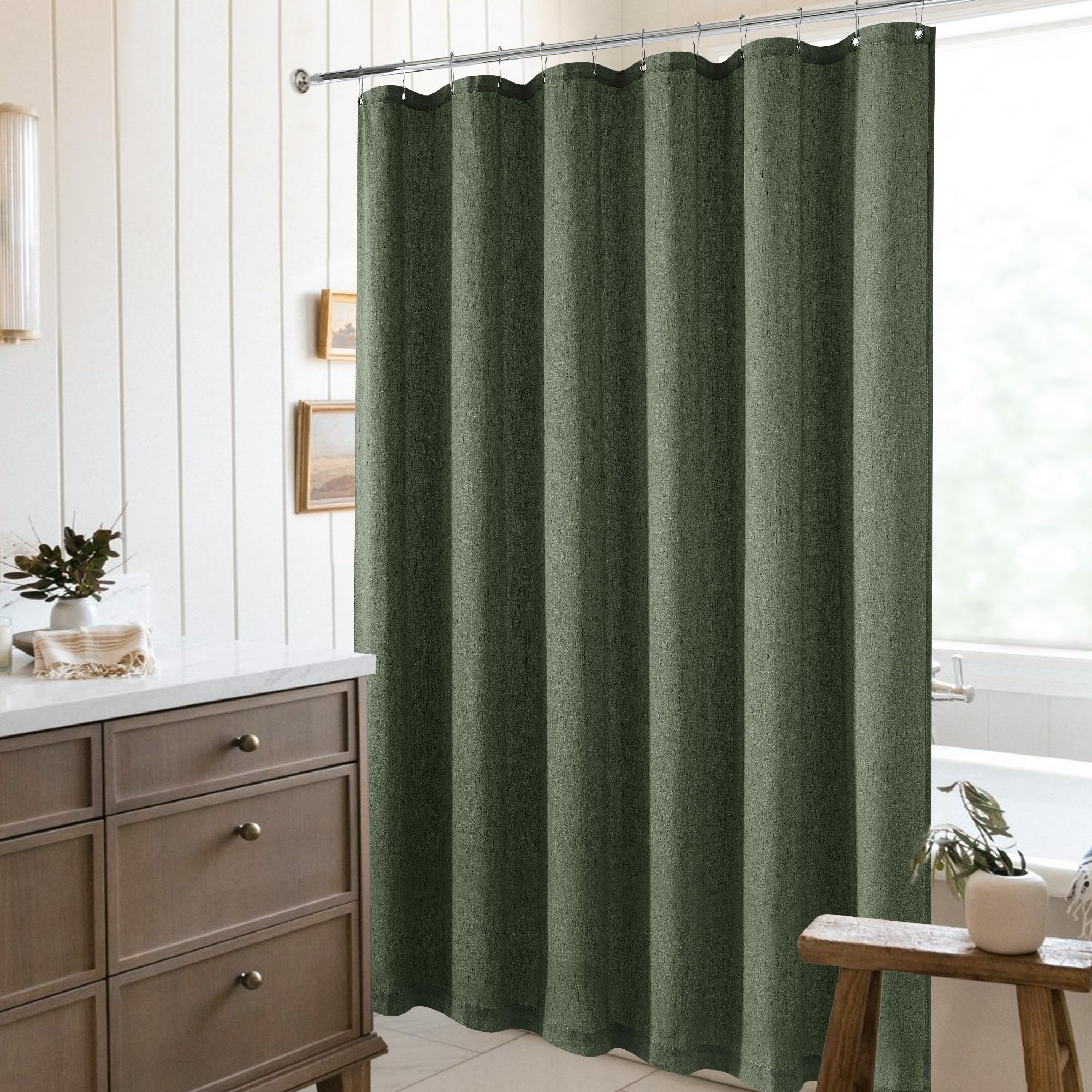 DUKIYO Olive Green Linen Shower Curtain 80 Inches Long Cloth Shower Curtain for Bathroom Boho Farmhouse Spring Decor Hotel Bathtub Water Repellent