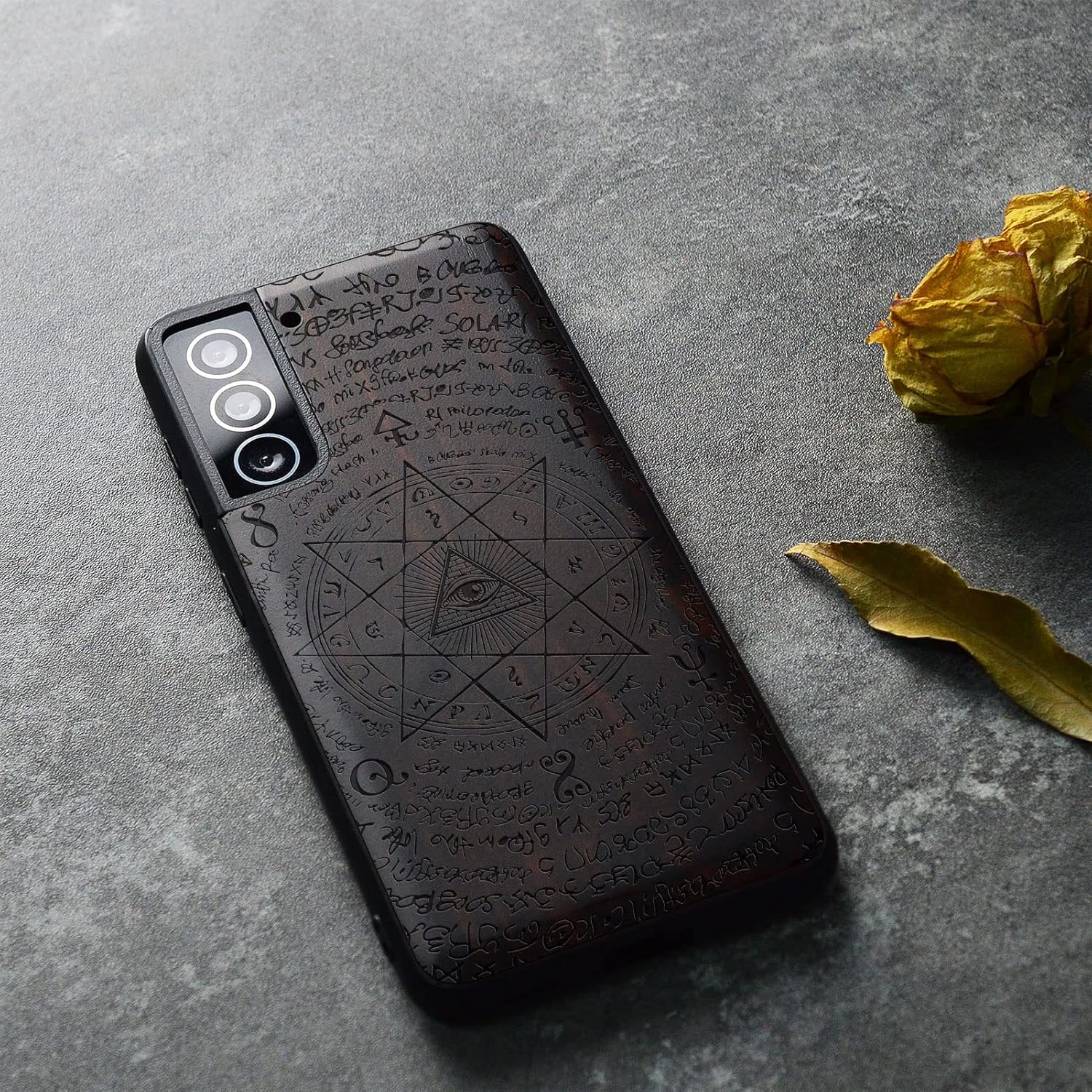 Carveit Wood Case for Galaxy S21 FE Case [Natural Wood & Black Soft TPU] Shockproof Hybrid Protective Unique Wooden Cover Compatible with Samsung S21 FE 5G (All-Seeing Eye-Blackwood)